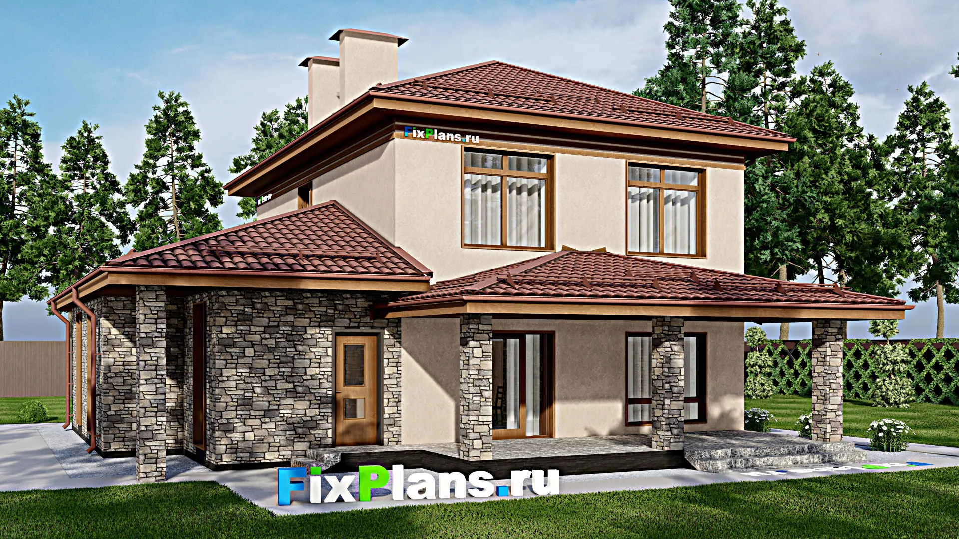 F-2222 - Проект двухэтажного дома 12 на 15, площадью 200 м² с террасой, гаражом на 1 машину и 5 спальнями