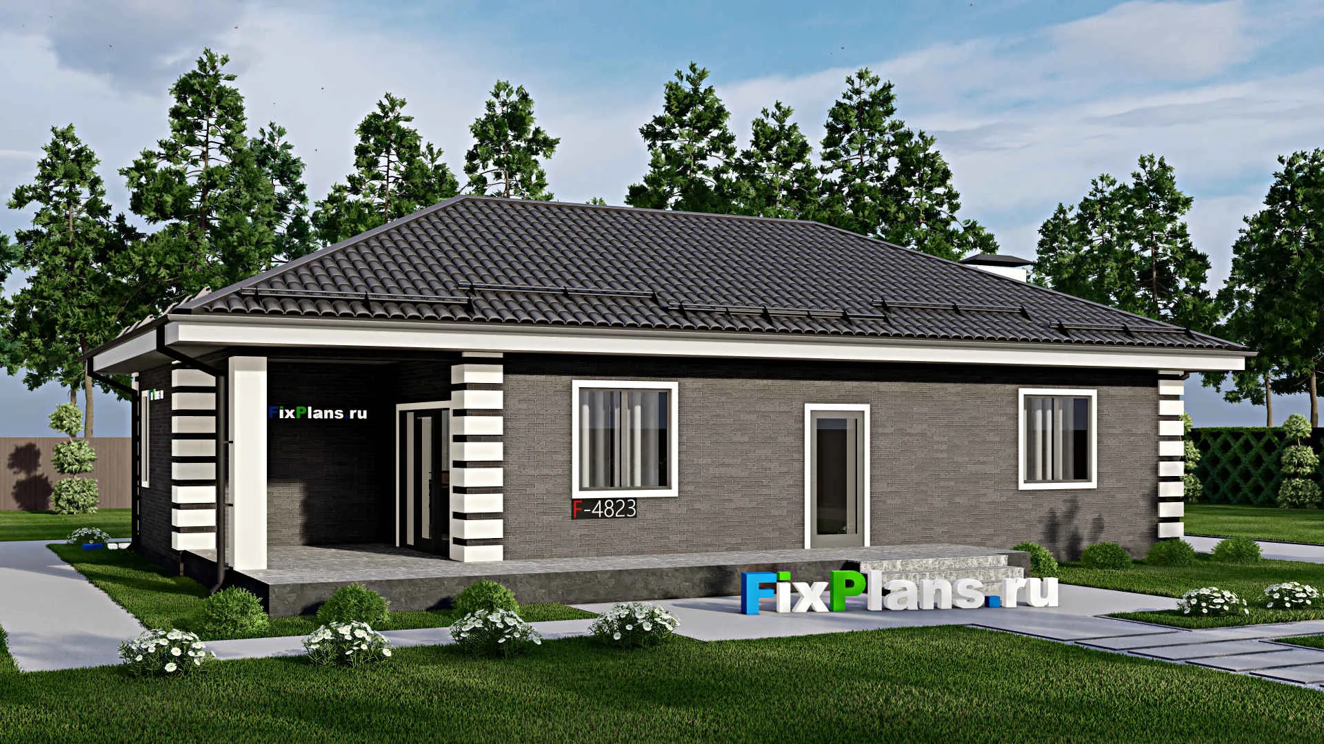 F-4823 - Проект одноэтажного дома 10 на 17, площадью 140 м² с террасой, баней и 3 спальнями