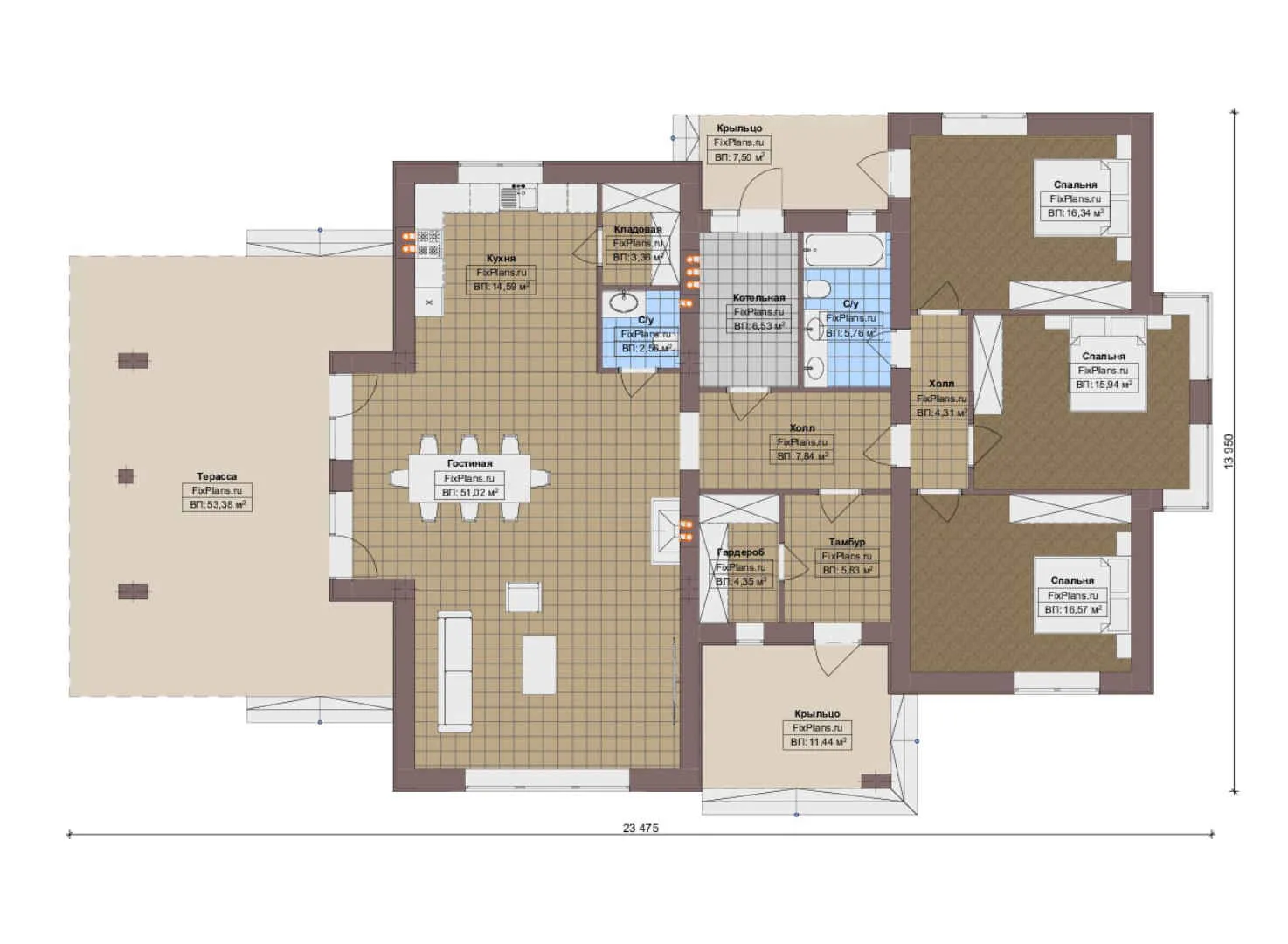 F-14813 - План одноэтажного дома 14 на 24, площадью 230 м² с террасой и 3 спальнями
