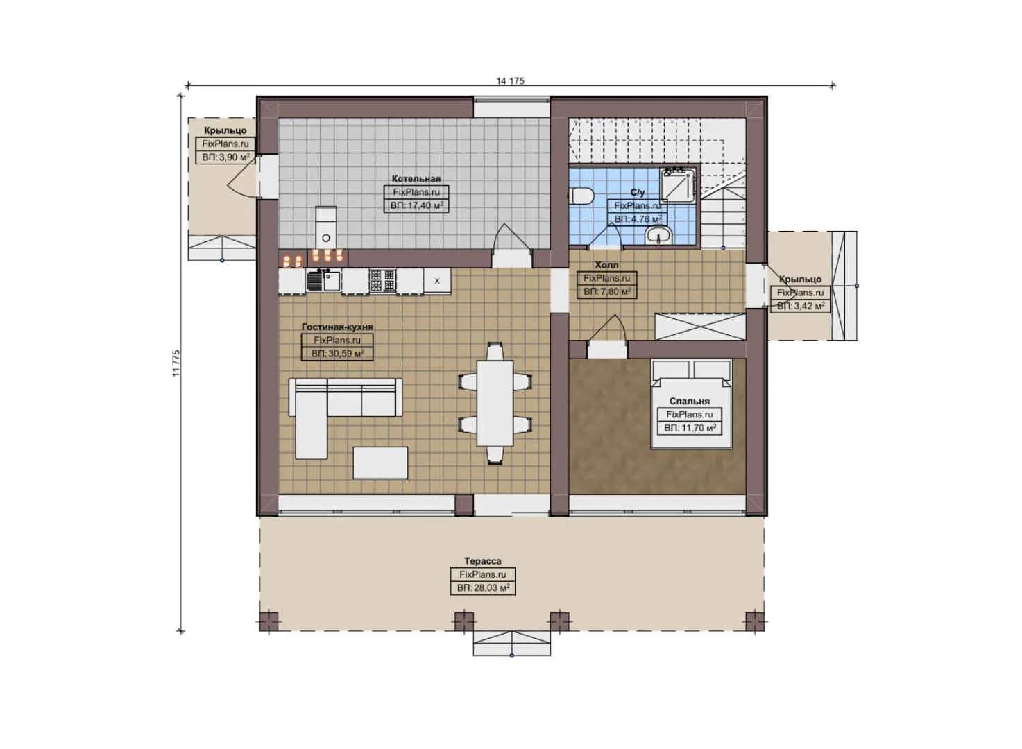 F-9314 - Планы двухэтажного дома 12 на 15, площадью 220 м² с террасой, балконом и 4 спальнями