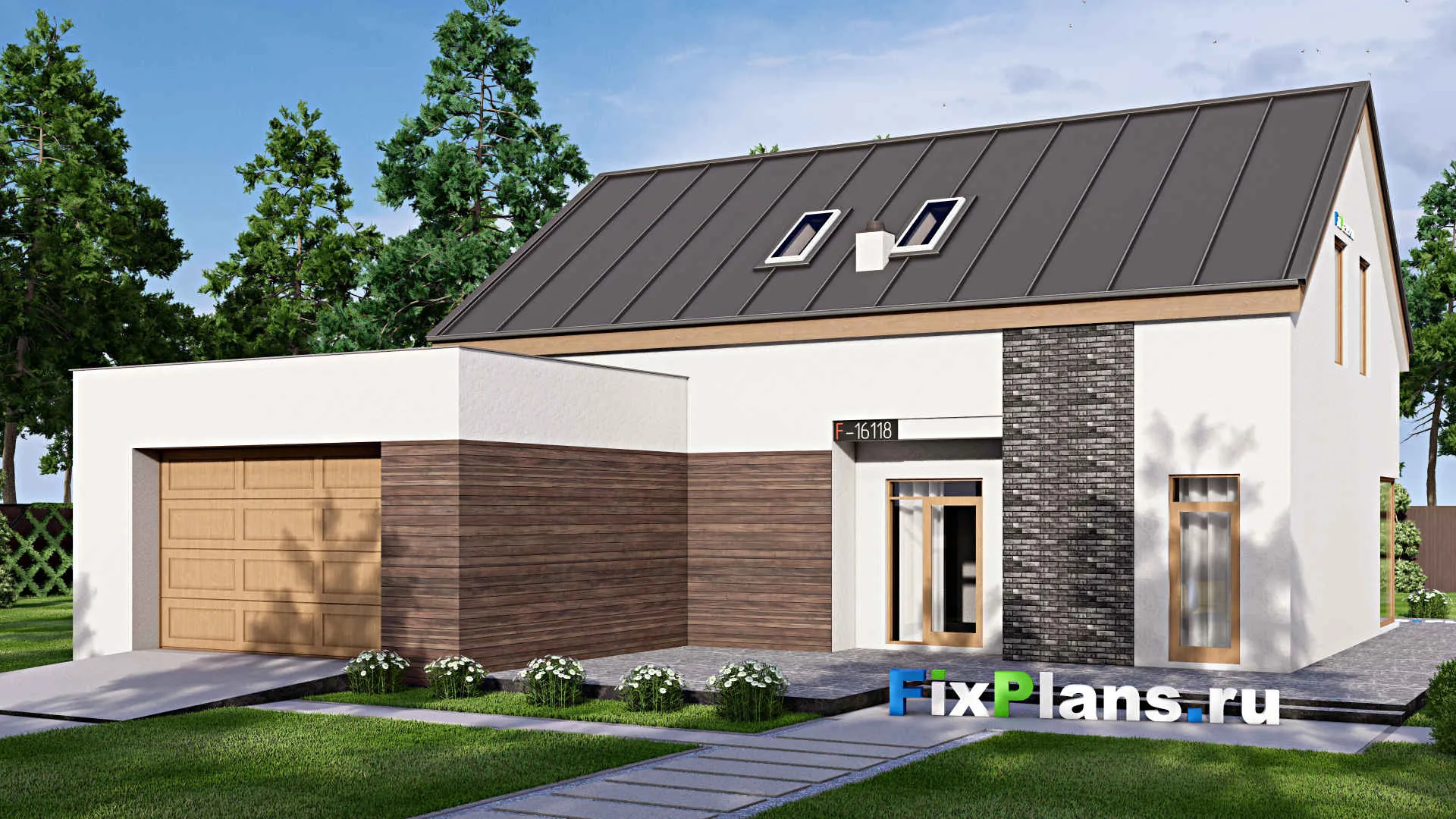 F-16118 - Проект дома с мансардой 18 на 18, площадью 360 м² с террасой, гаражом на 2 машины и 3 спальнями