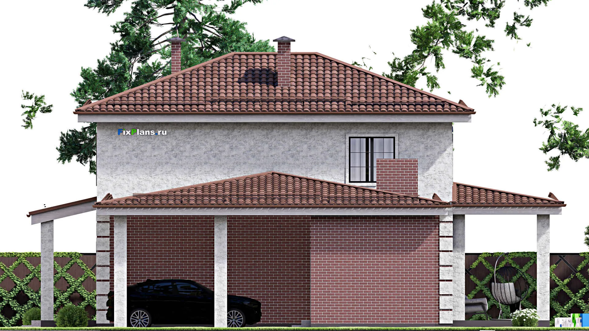 F-13103 - Проект двухэтажного дома 15 на 16, площадью 220 м² с террасой, гаражом на 2 машины и 4 спальнями