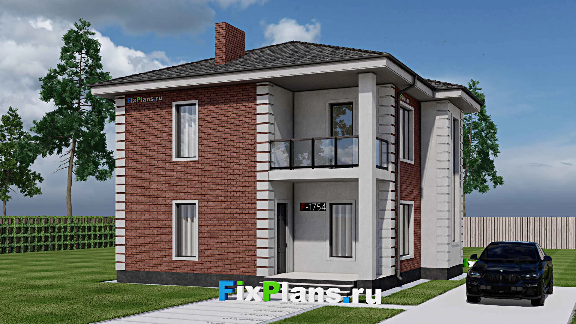 F-1754 - Проект двухэтажного дома 11 на 11, площадью 150 м² с балконом и 4 спальнями