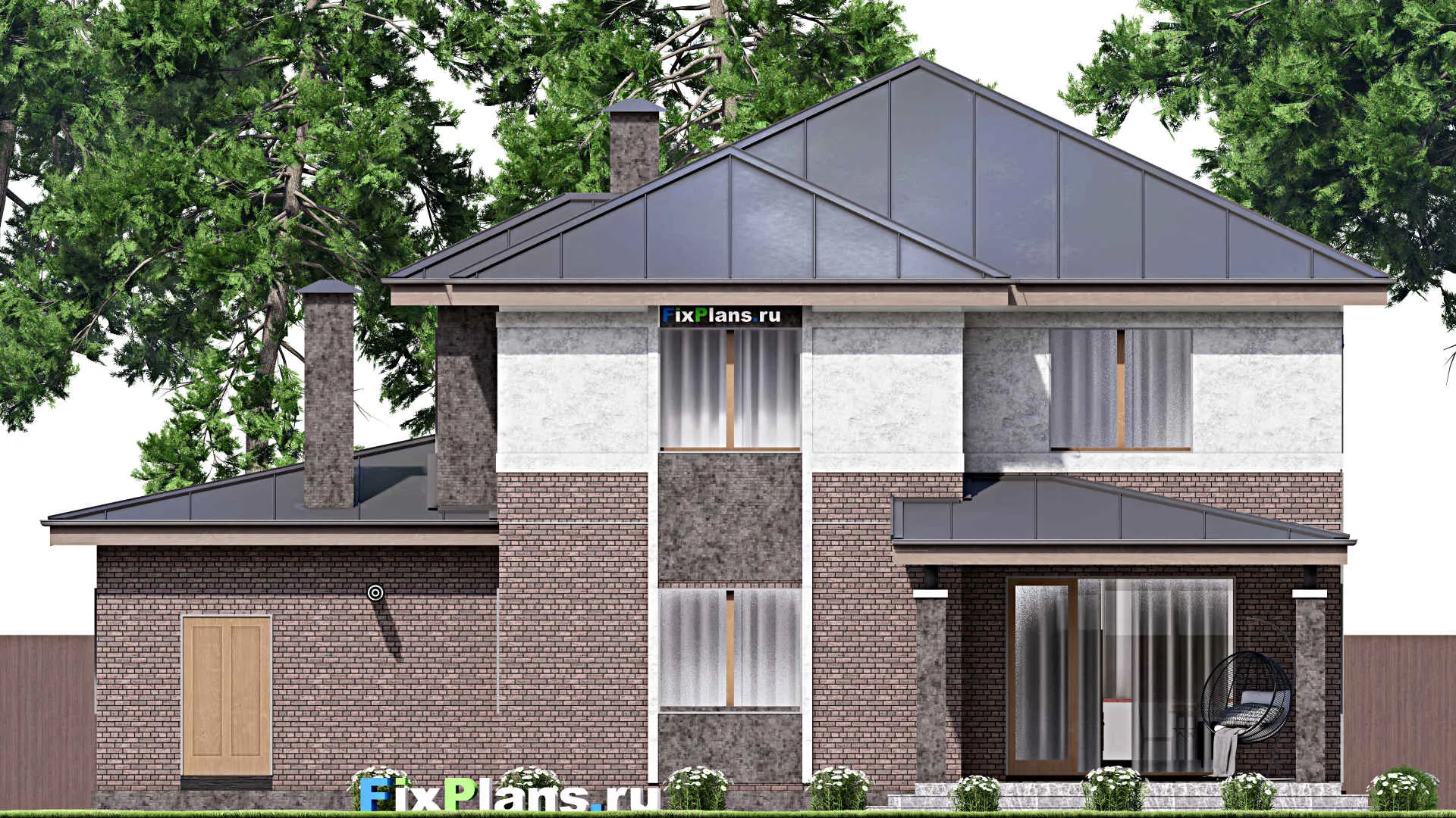 F-12941 - Проект двухэтажного дома 17 на 17, площадью 260 м² с террасой, гаражом на 1 машину и 4 спальнями