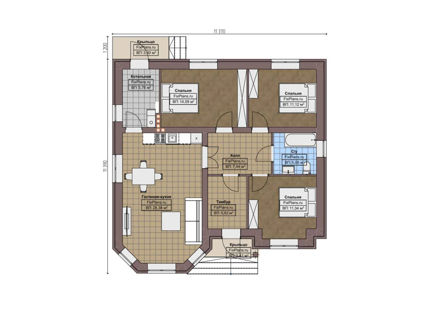 F-5606 - План одноэтажного дома 12 на 12, площадью 100 м² с 3 спальнями