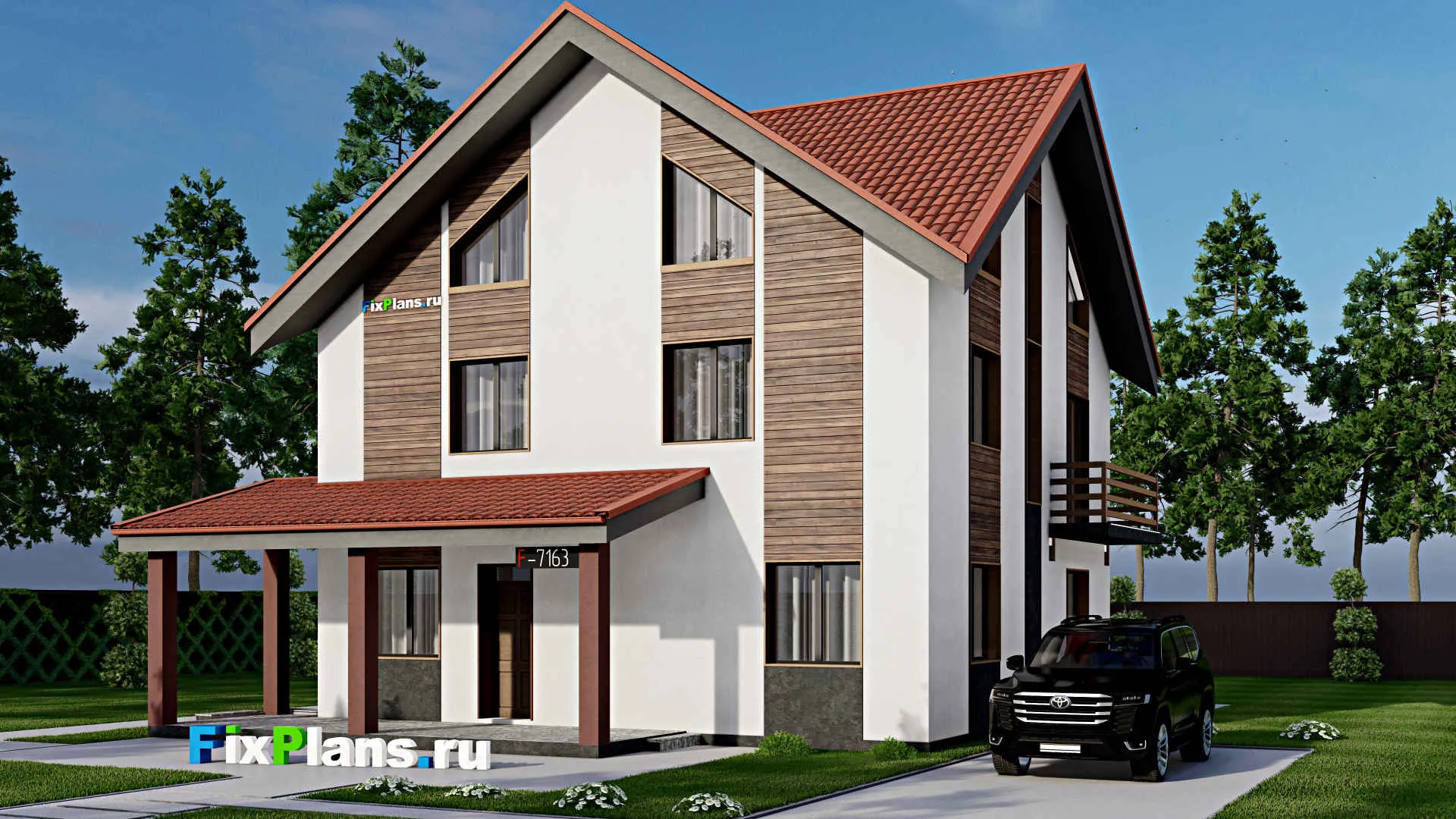 F-7163 - Проект двухэтажного дома с мансардой 12 на 14, площадью 280 м² с террасой, балконом и 4 спальнями