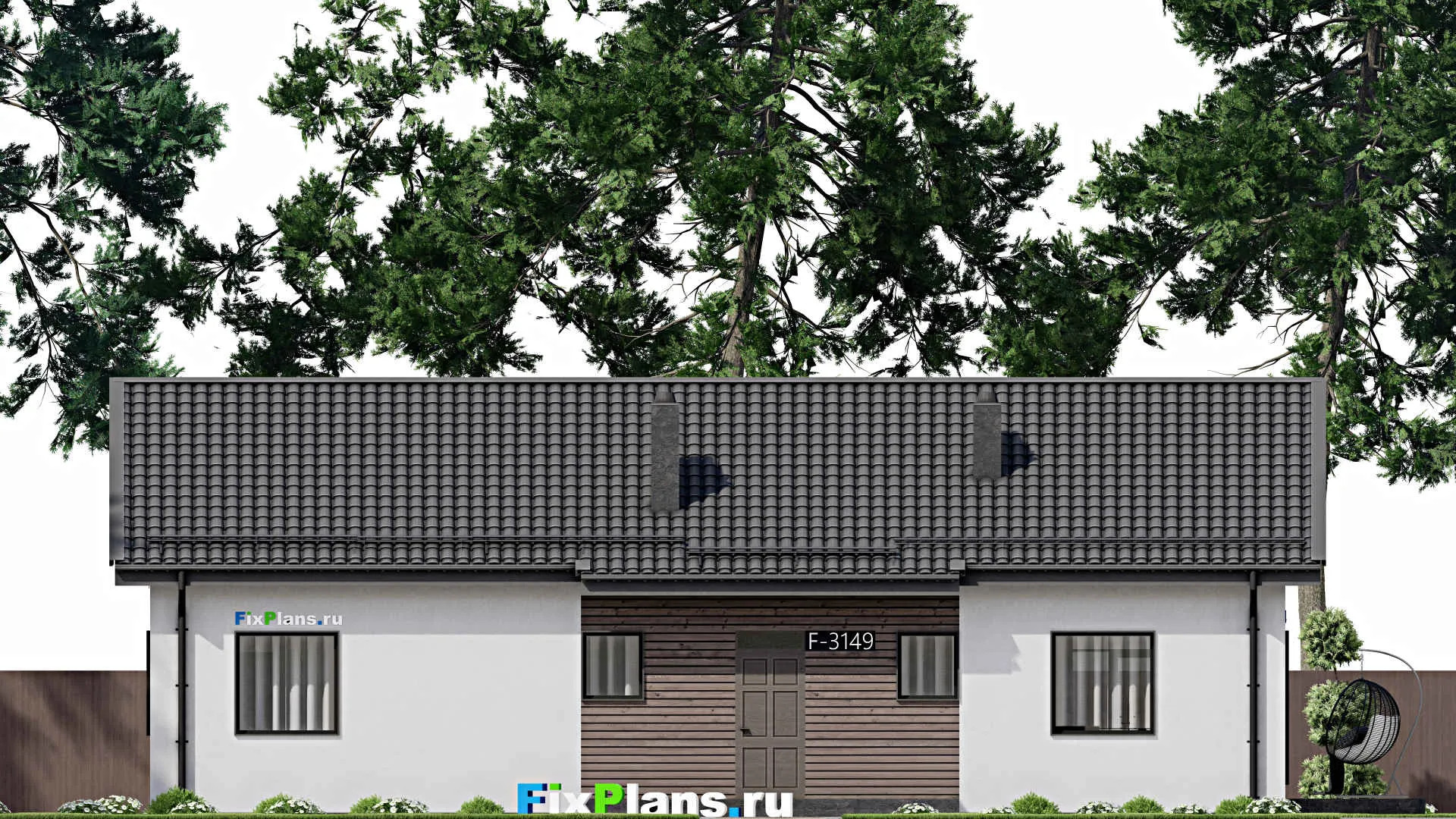 F-3149 - Проект одноэтажного дома 11 на 17, площадью 180 м² с террасой, баней и 3 спальнями