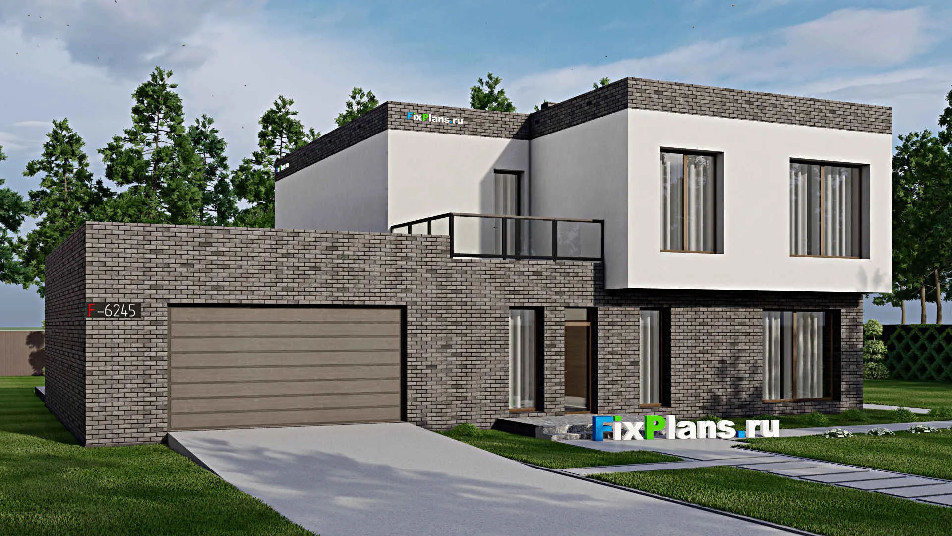 F-6245 - Проект двухэтажного дома 19 на 20, площадью 450 м² с террасой, балконом, гаражом на 2 машины и 5 спальнями