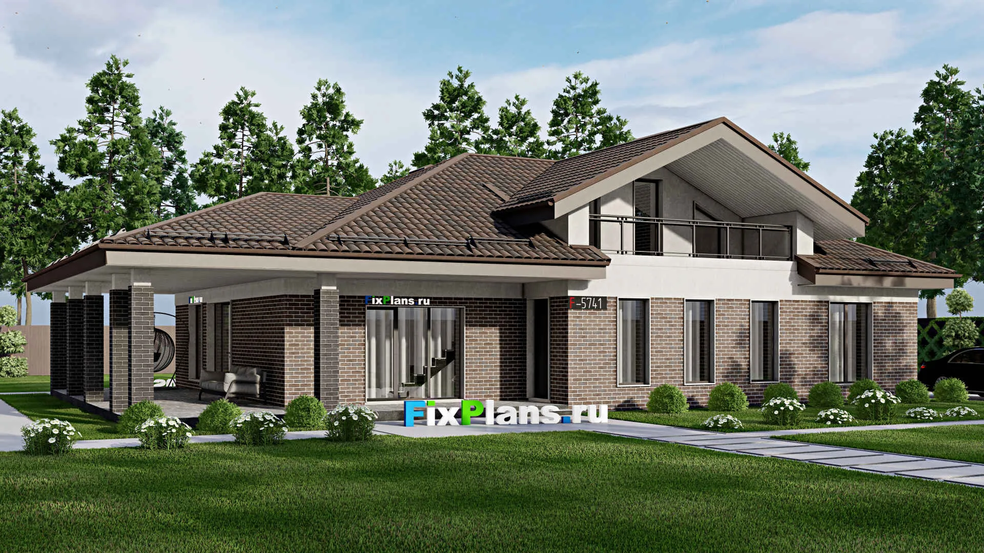 F-5741 - Проект одноэтажного дома 13 на 20, площадью 220 м² с террасой и 3 спальнями