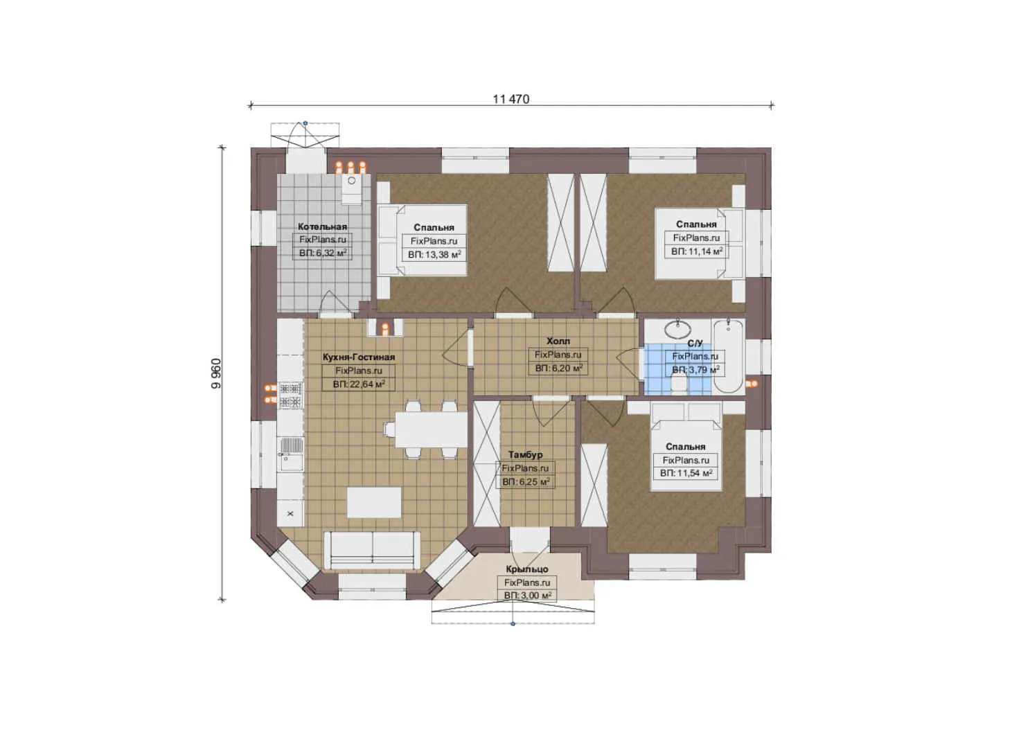 F-18944 - План одноэтажного дома 10 на 12, площадью 90 м² с 3 спальнями