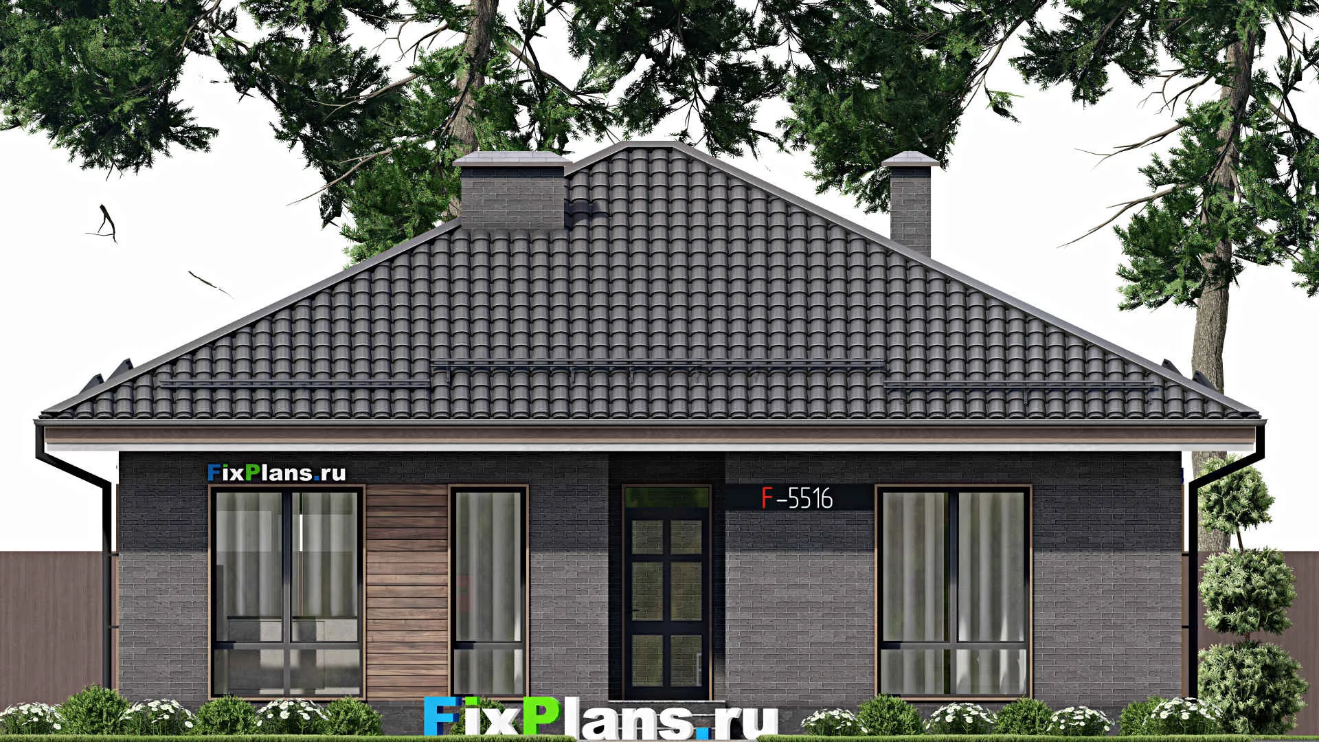 F-5516 - Проект одноэтажного дома 12 на 12, площадью 110 м² с террасой и 2 спальнями