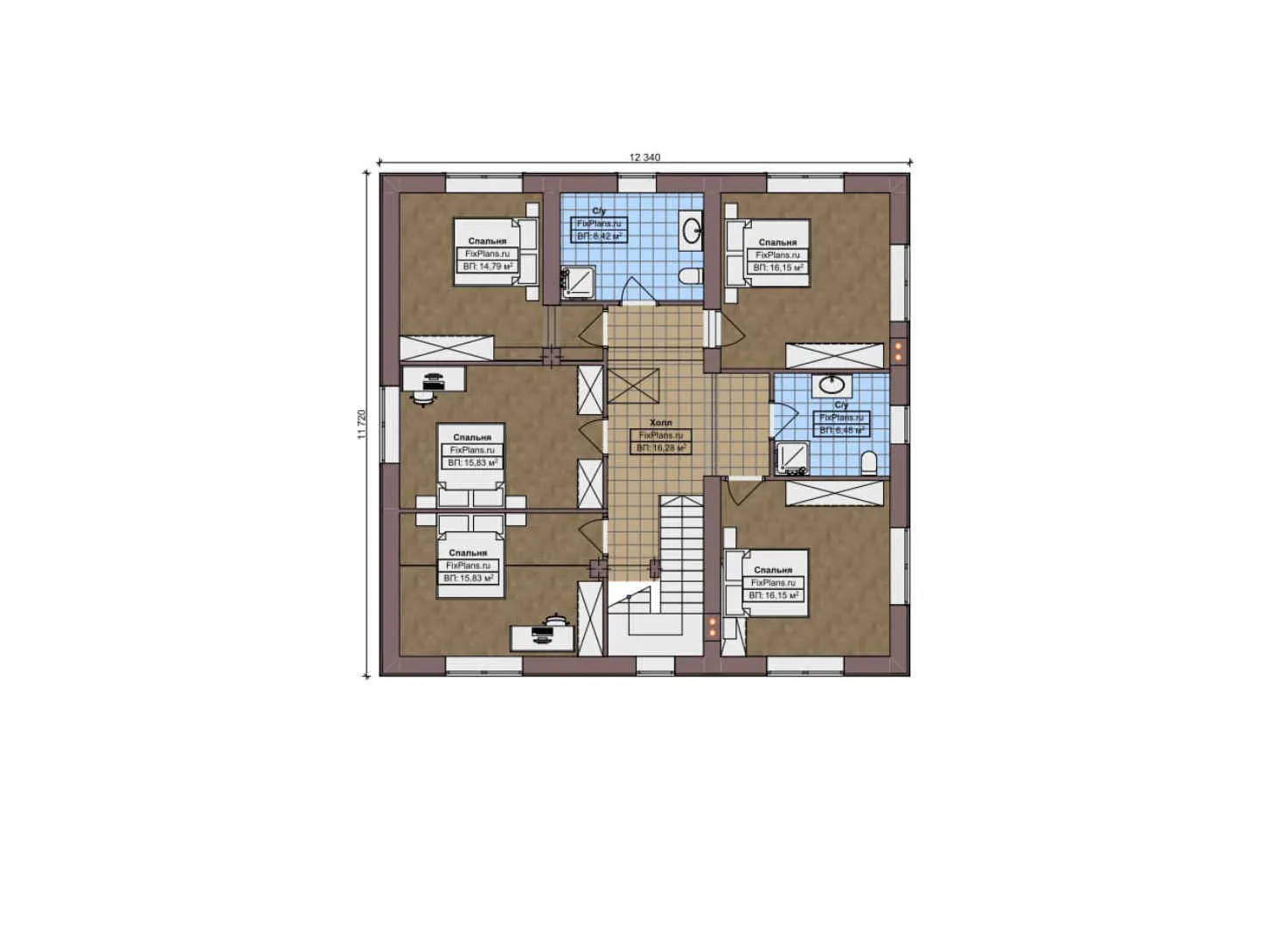 F-12158 - Планы дома с мансардой 19 на 23, площадью 400 м² с террасой, гаражом на 2 машины и 7 спальнями