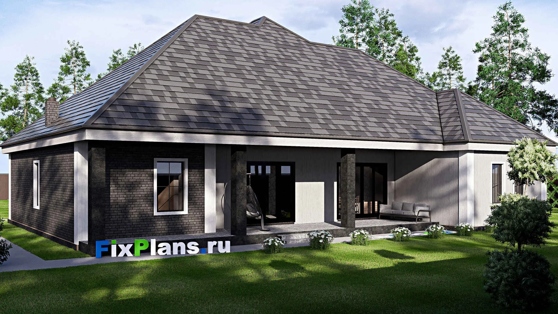 F-17207 - Проект одноэтажного дома 21 на 28, площадью 300 м² с террасой, гаражом на 2 машины и 3 спальнями