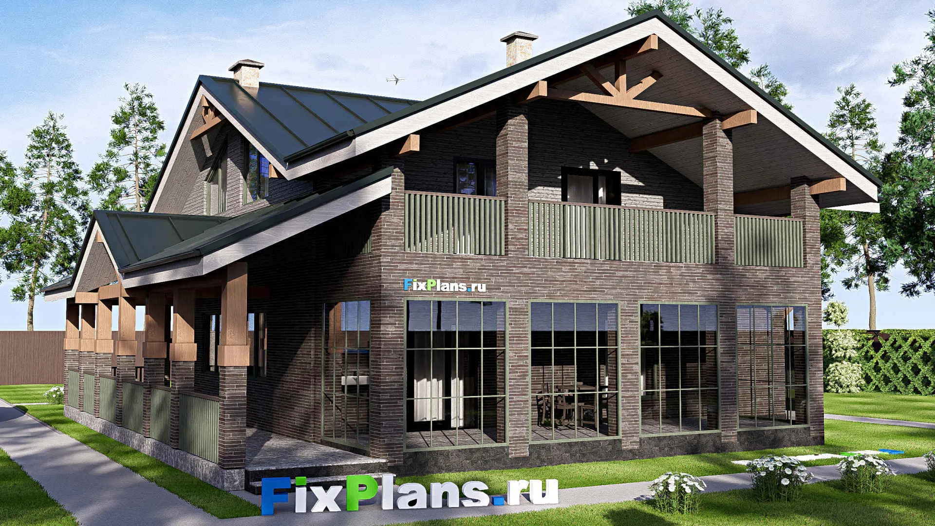 F-20825 - Проект дома с мансардой 16 на 16, площадью 360 м² с террасой, балконом и 4 спальнями