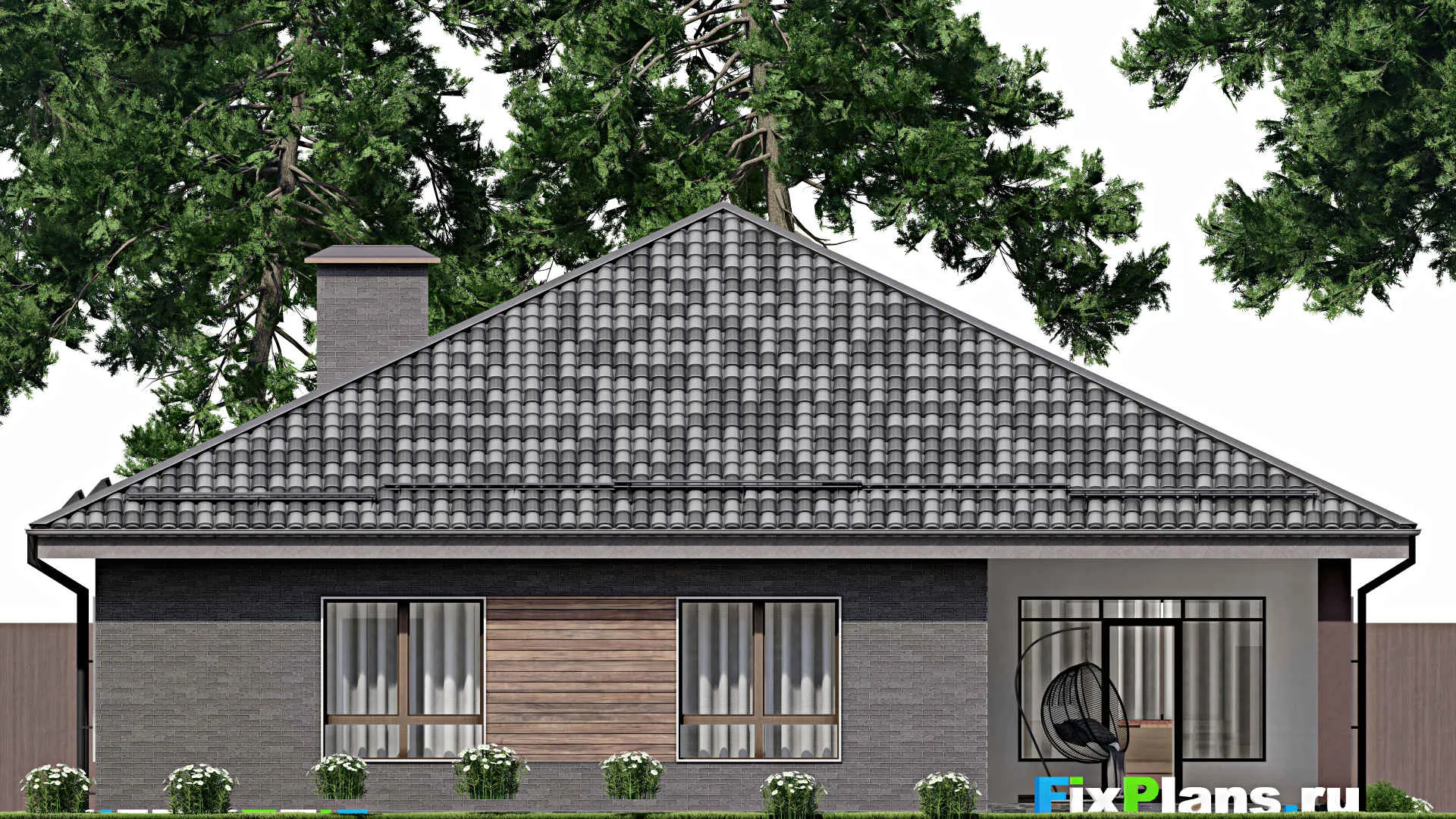 F-6344 - Проект одноэтажного дома 16 на 18, площадью 210 м² с террасой, гаражом на 2 машины и 3 спальнями