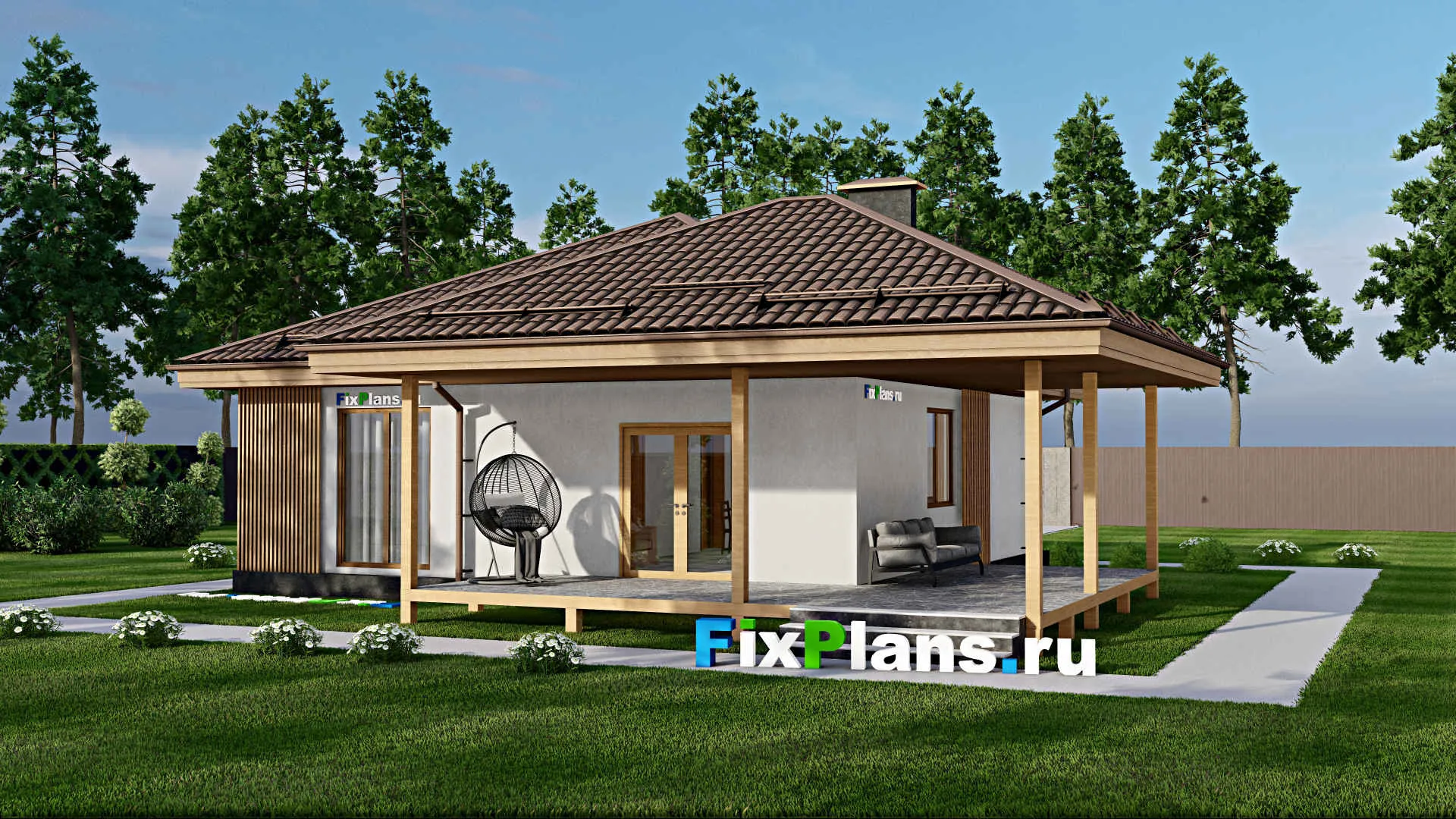 F-3599 - Проект одноэтажного дома 11 на 16, площадью 130 м² с гаражом на 2 машины и 2 спальнями