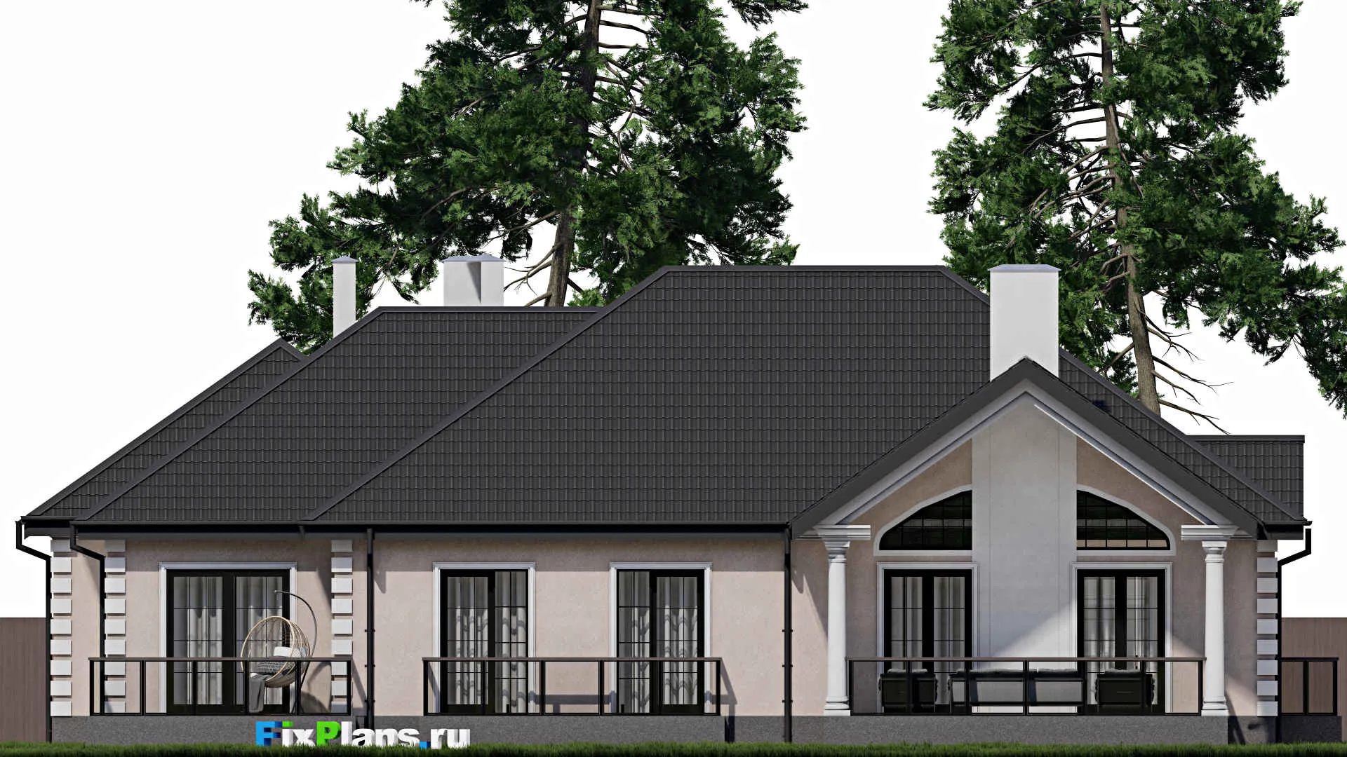 F-0179 - План одноэтажного дома 18 на 21, площадью 280 м² с террасой, гаражом на 2 машины и 1 спальнями