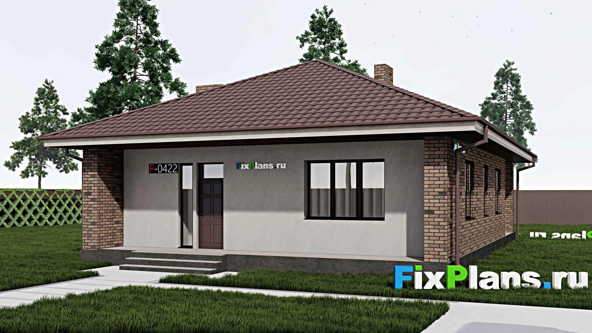 F-0422 - План одноэтажного дома 11 на 12, площадью 130 м² с террасой и 2 спальнями