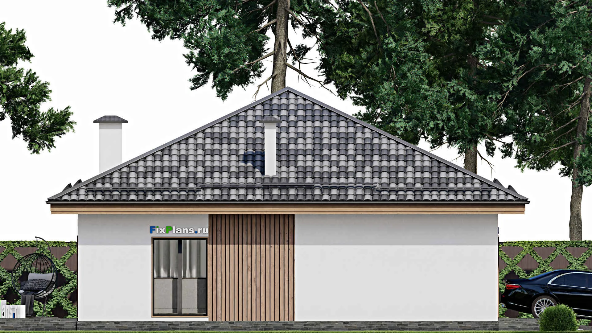 F-11195 - Проект одноэтажного дома 13 на 16, площадью 140 м² с террасой, гаражом на 1 машину и 3 спальнями