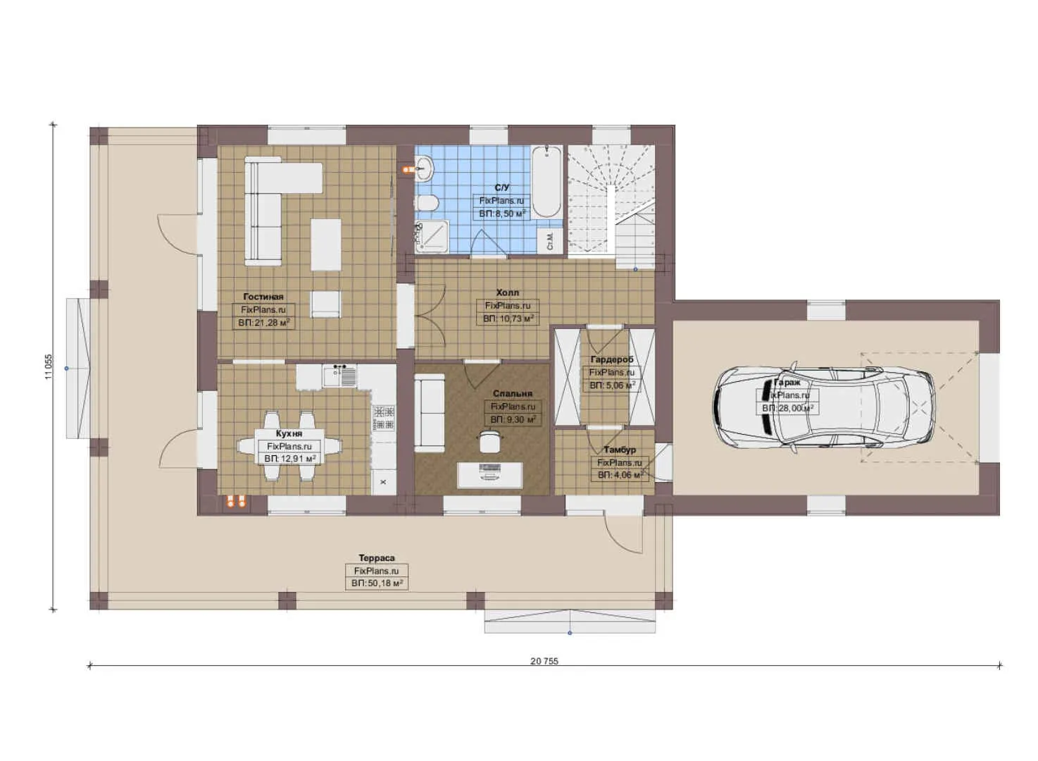 F-19583 - Планы двухэтажного дома 12 на 21, площадью 280 м² с террасой, балконом, гаражом на 1 машину и 5 спальнями