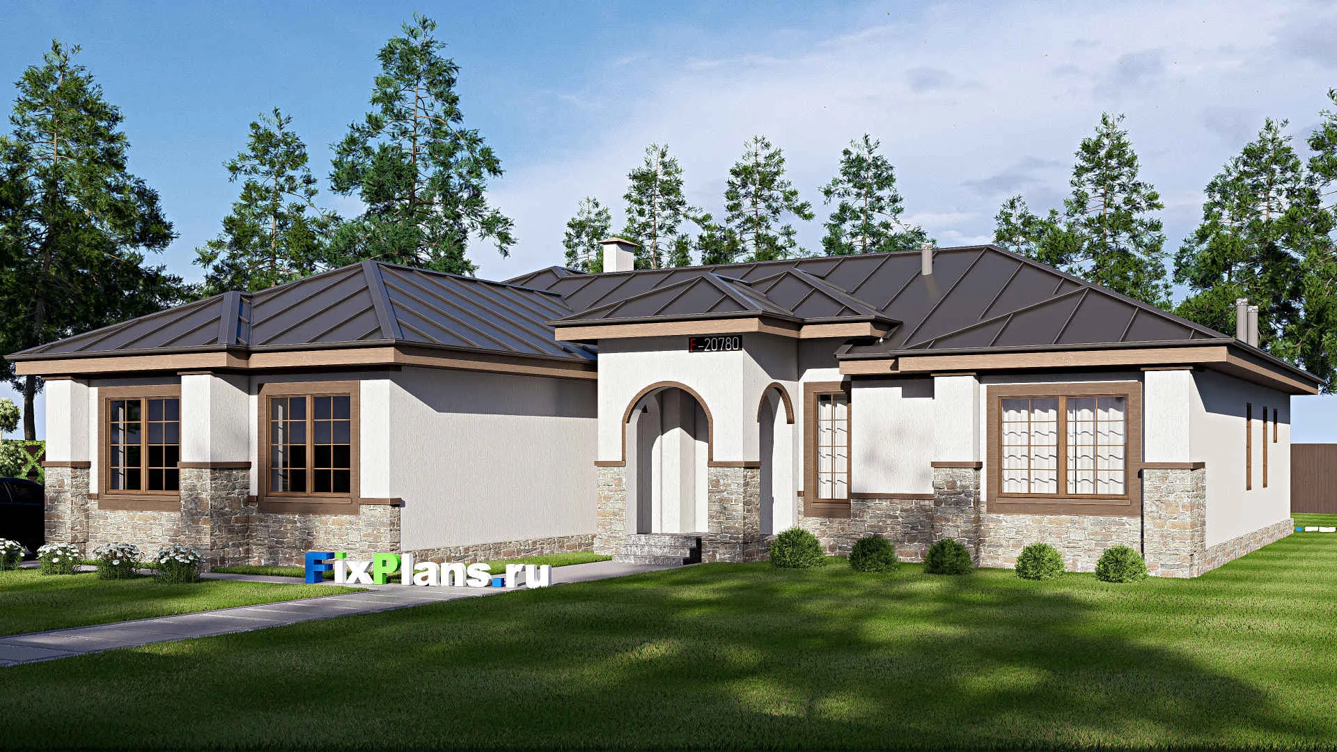 F-20780 - Проект одноэтажного дома 22 на 23, площадью 250 м² с спортзалом и 2 спальнями