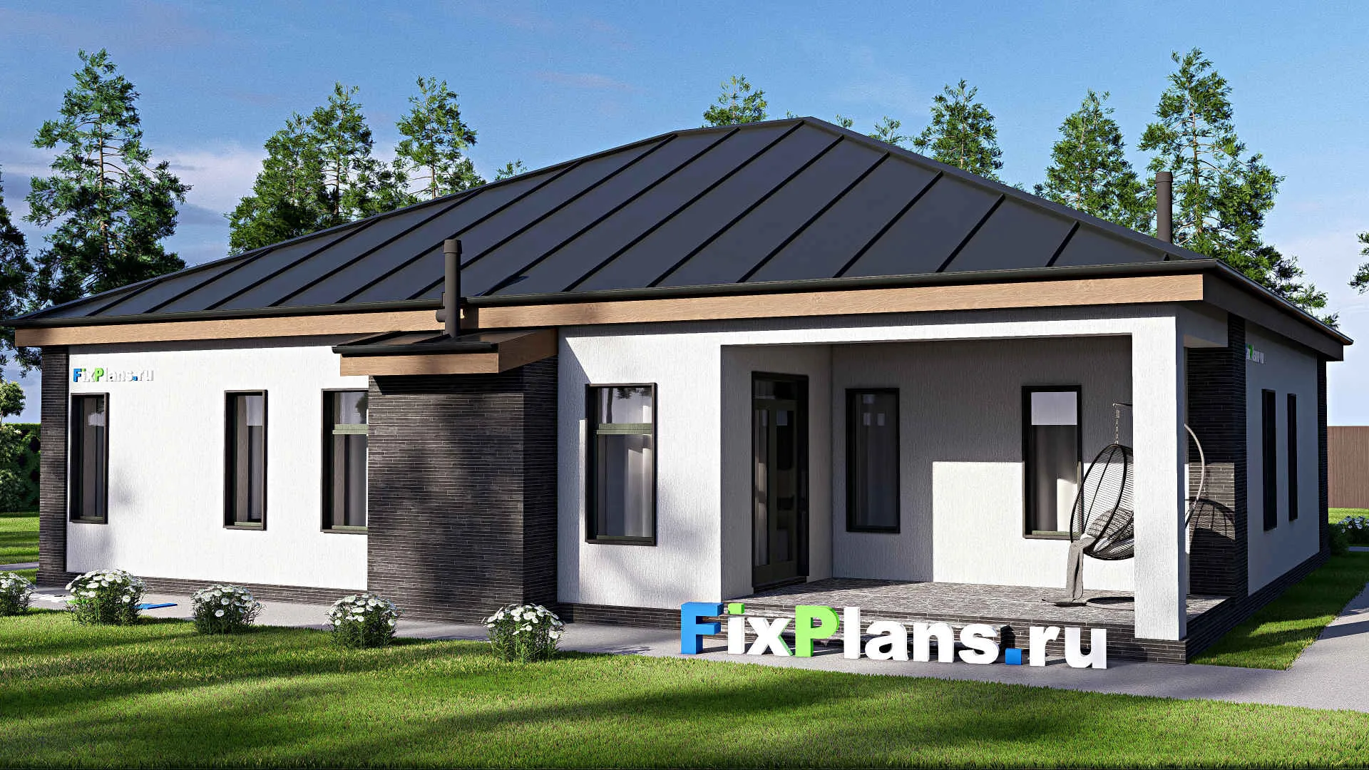 F-20465 - Проект одноэтажного дома 17 на 18, площадью 200 м² с террасой, гаражом на 2 машины и 3 спальнями