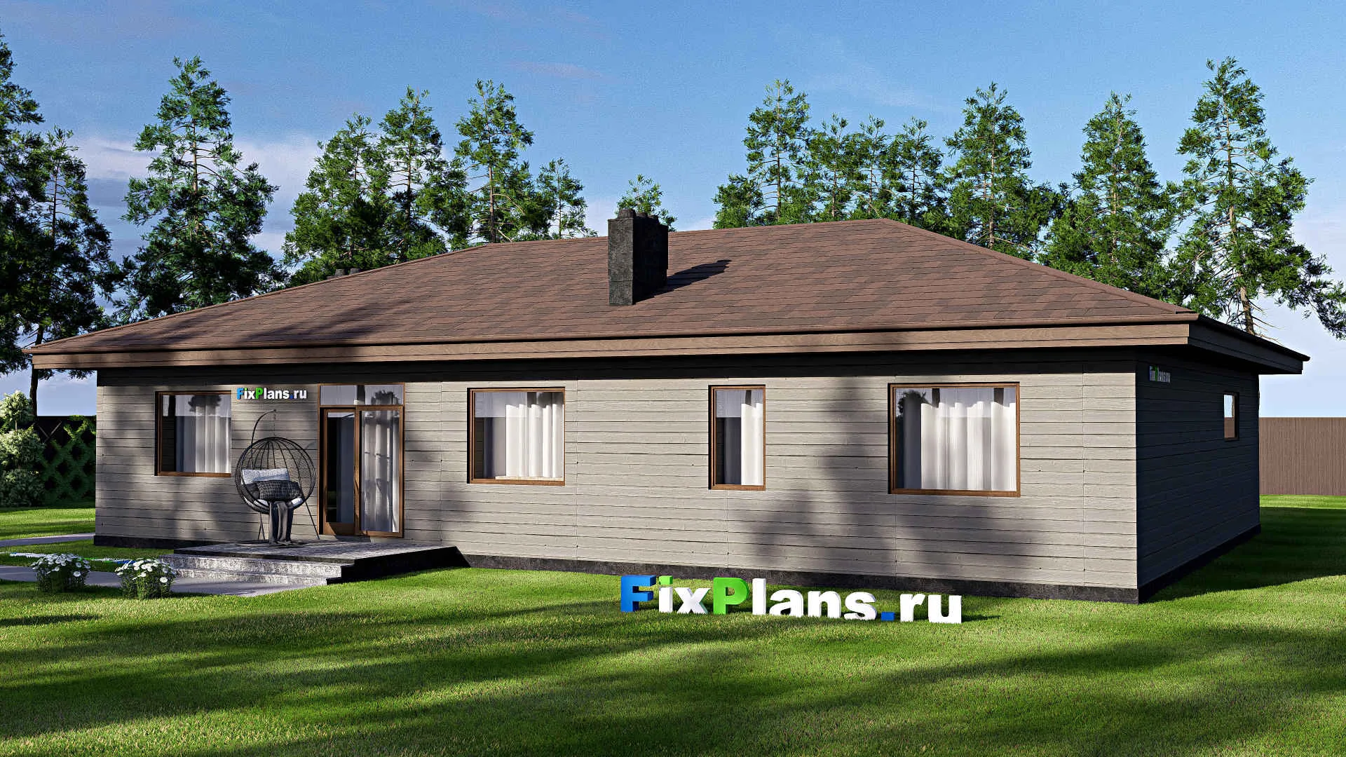 F-17504 - Проект одноэтажного дома 16 на 19, площадью 190 м² с террасой, гаражом на 2 машины и 3 спальнями