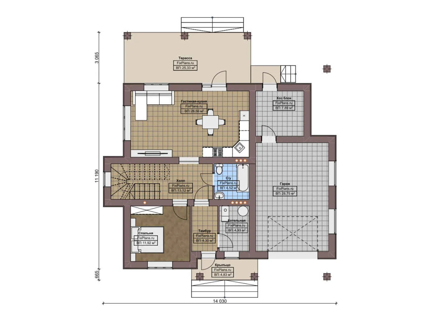 F-3563 - Планы двухэтажного дома 12 на 15, площадью 200 м² с террасой, гаражом на 1 машину и 5 спальнями