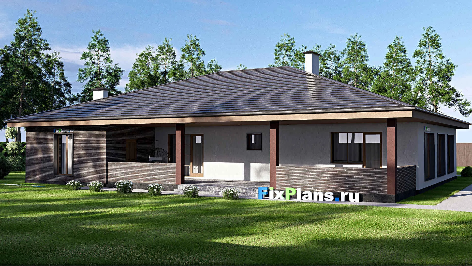 F-17954 - Проект одноэтажного дома 20 на 21, площадью 320 м² с террасой, гаражом на 2 машины и 2 спальнями