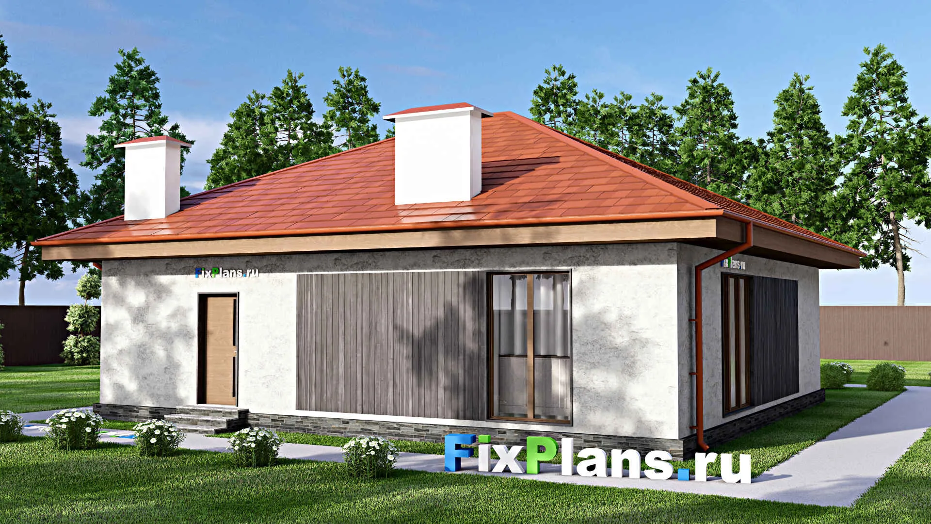 F-14201 - Проект одноэтажного дома 12 на 16, площадью 130 м² с террасой и 3 спальнями