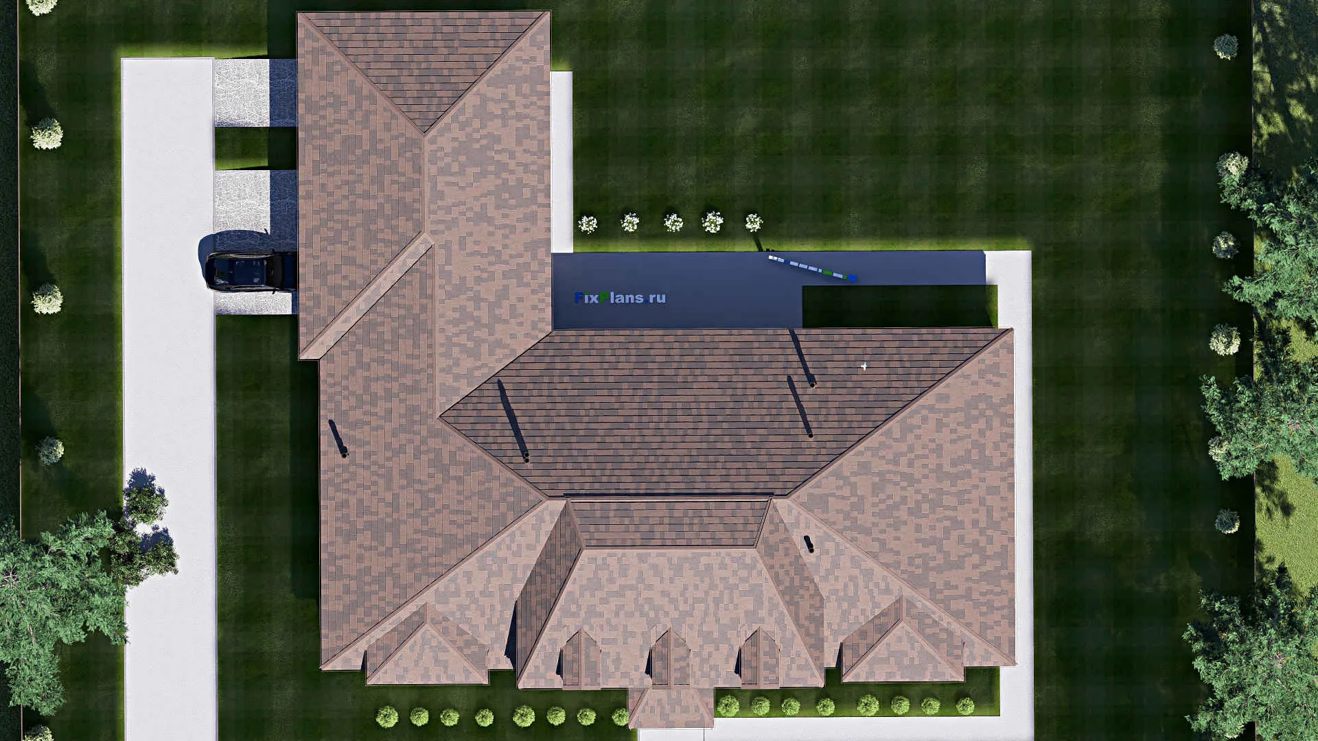 F-19925 - Проект одноэтажного дома 31 на 31, площадью 470 м² с террасой, гаражом на 2 машины и 4 спальнями
