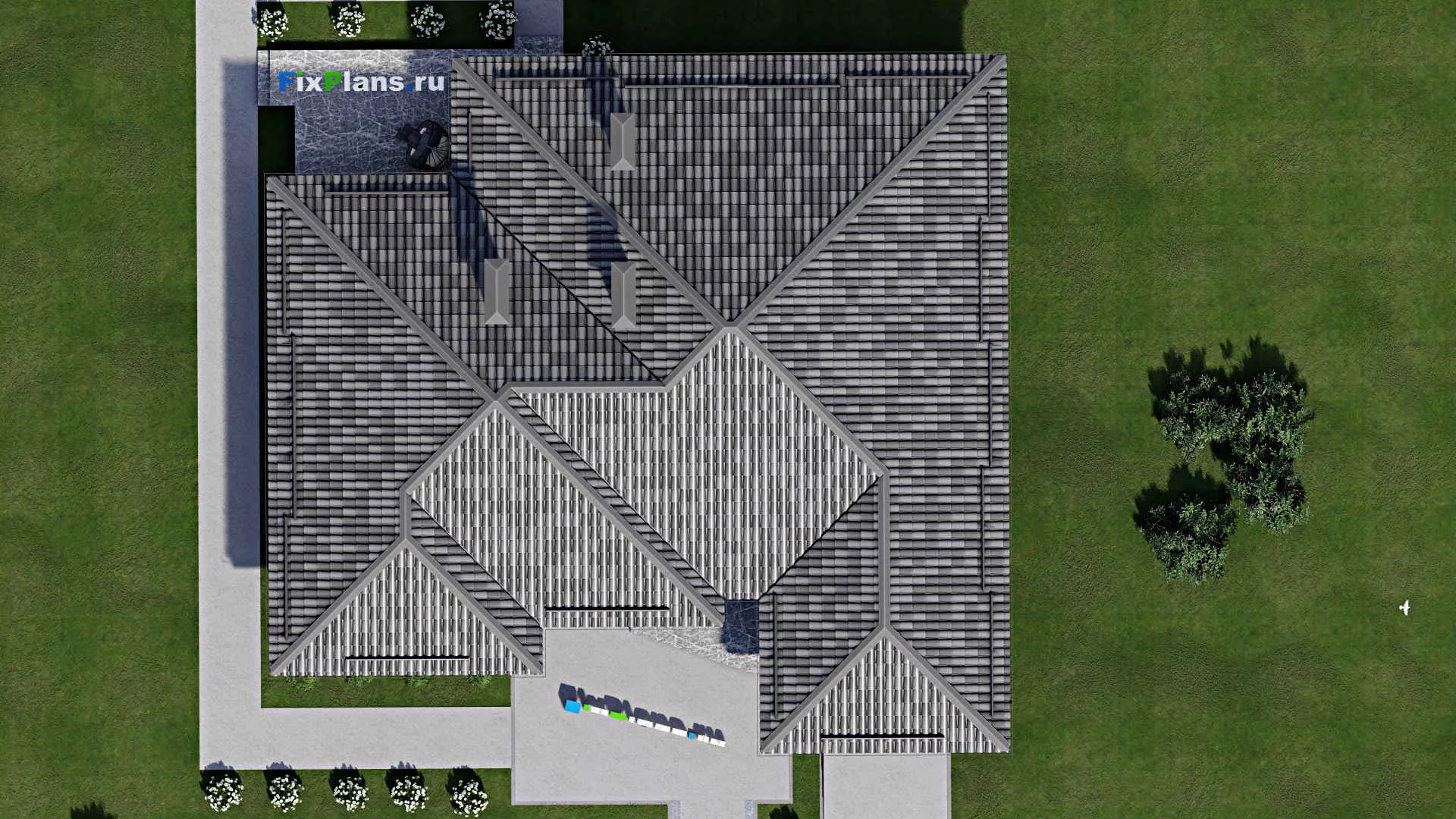 F-6974 - Проект одноэтажного дома 17 на 17, площадью 200 м² с террасой, гаражом на 1 машину и 4 спальнями