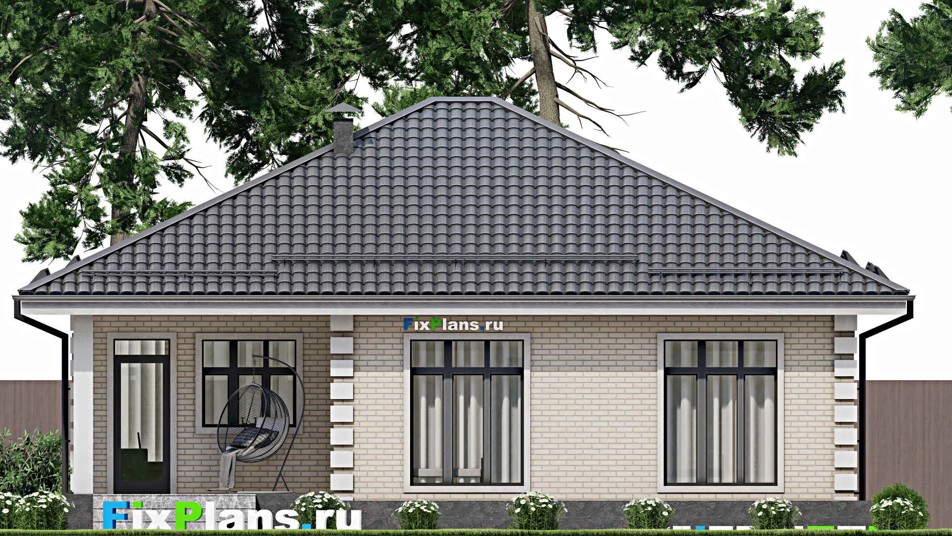 F-4715 - Проект одноэтажного дома 12 на 13, площадью 130 м² с террасой и 3 спальнями