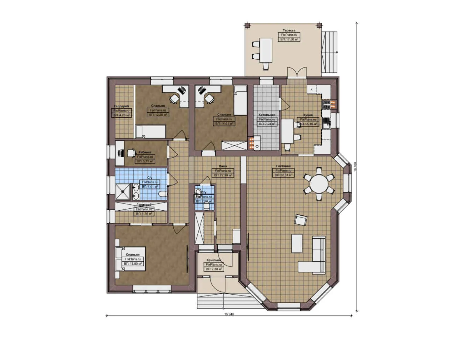 F-10178 - План одноэтажного дома 16 на 19, площадью 200 м² с террасой и 3 спальнями