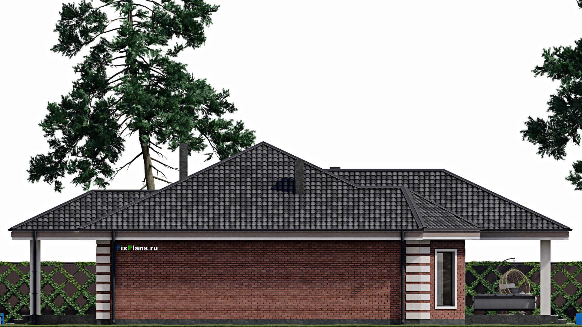 F-1358 - Проект одноэтажного дома 13 на 20, площадью 240 м² с террасой, гаражом на 1 машину и 2 спальнями