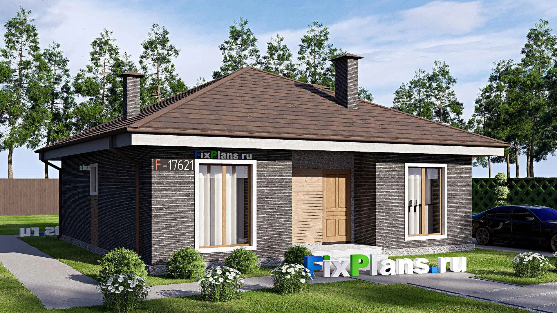 F-17621 - Проект одноэтажного дома 11 на 11, площадью 80 м² с 3 спальнями