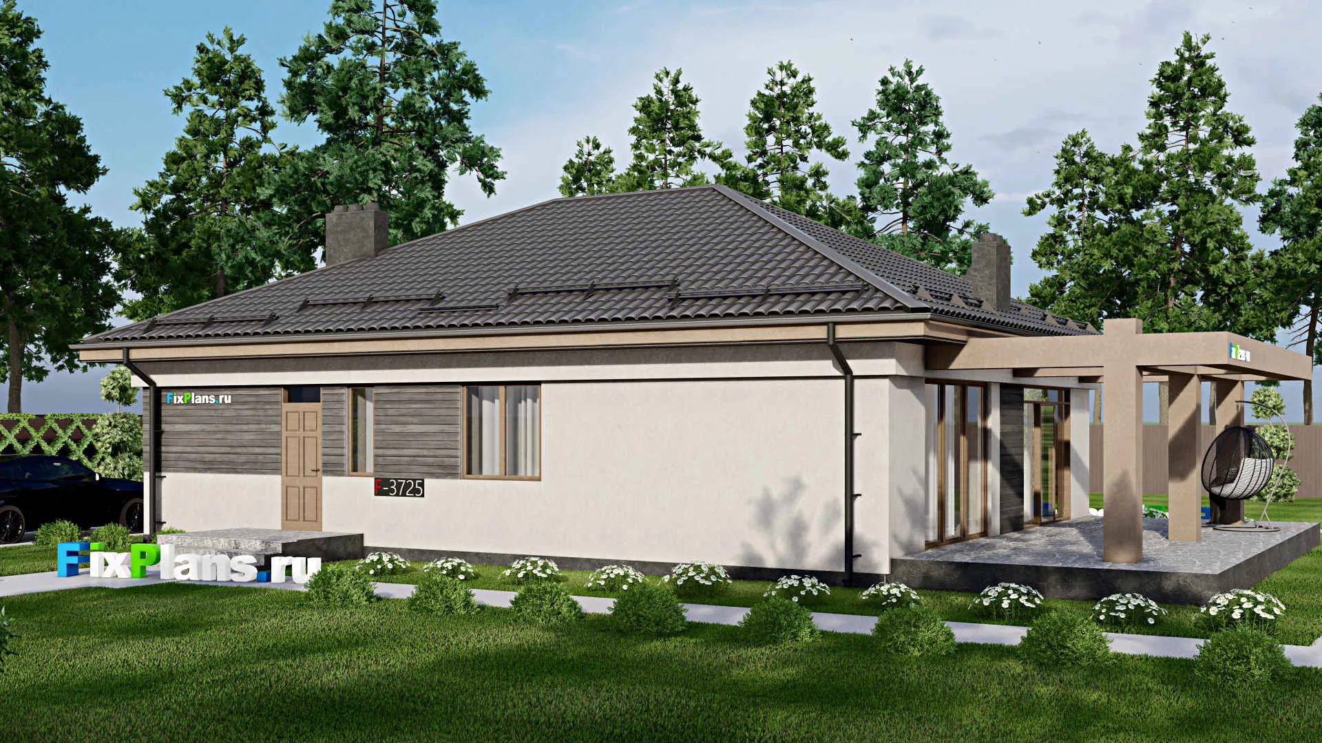 F-3725 - Проект одноэтажного дома 11 на 14, площадью 170 м² с террасой и 3 спальнями