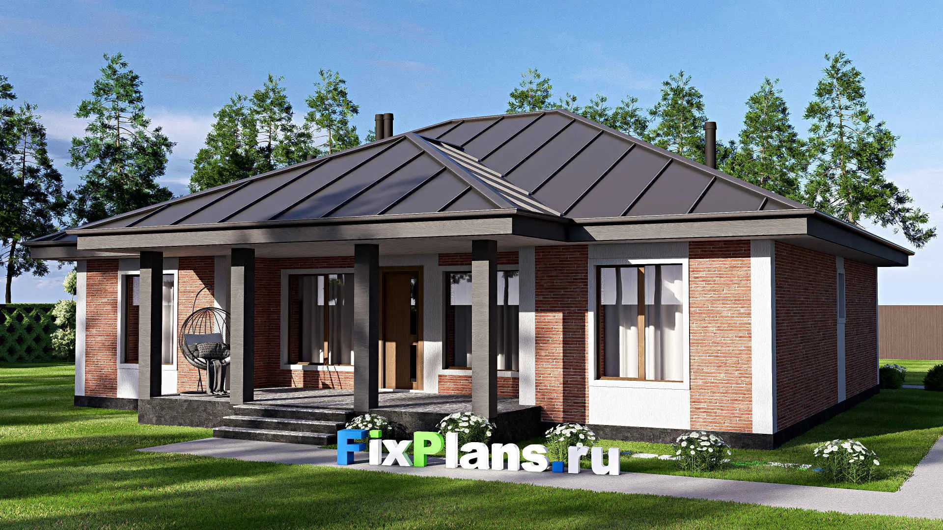 F-18647 - Проект одноэтажного дома 16 на 16, площадью 170 м² с террасой и 4 спальнями