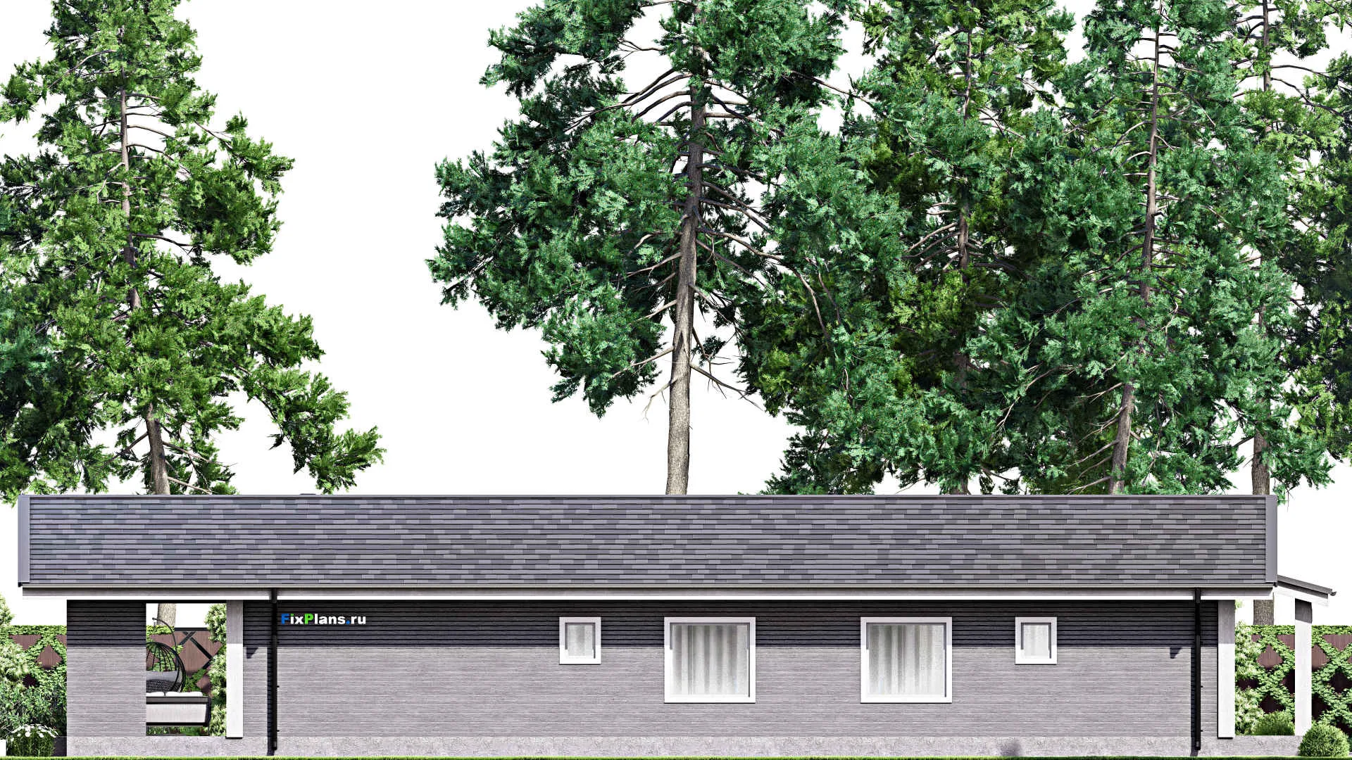 F-13112 - Проект одноэтажного дома 11 на 23, площадью 190 м² с террасой, баней и 3 спальнями