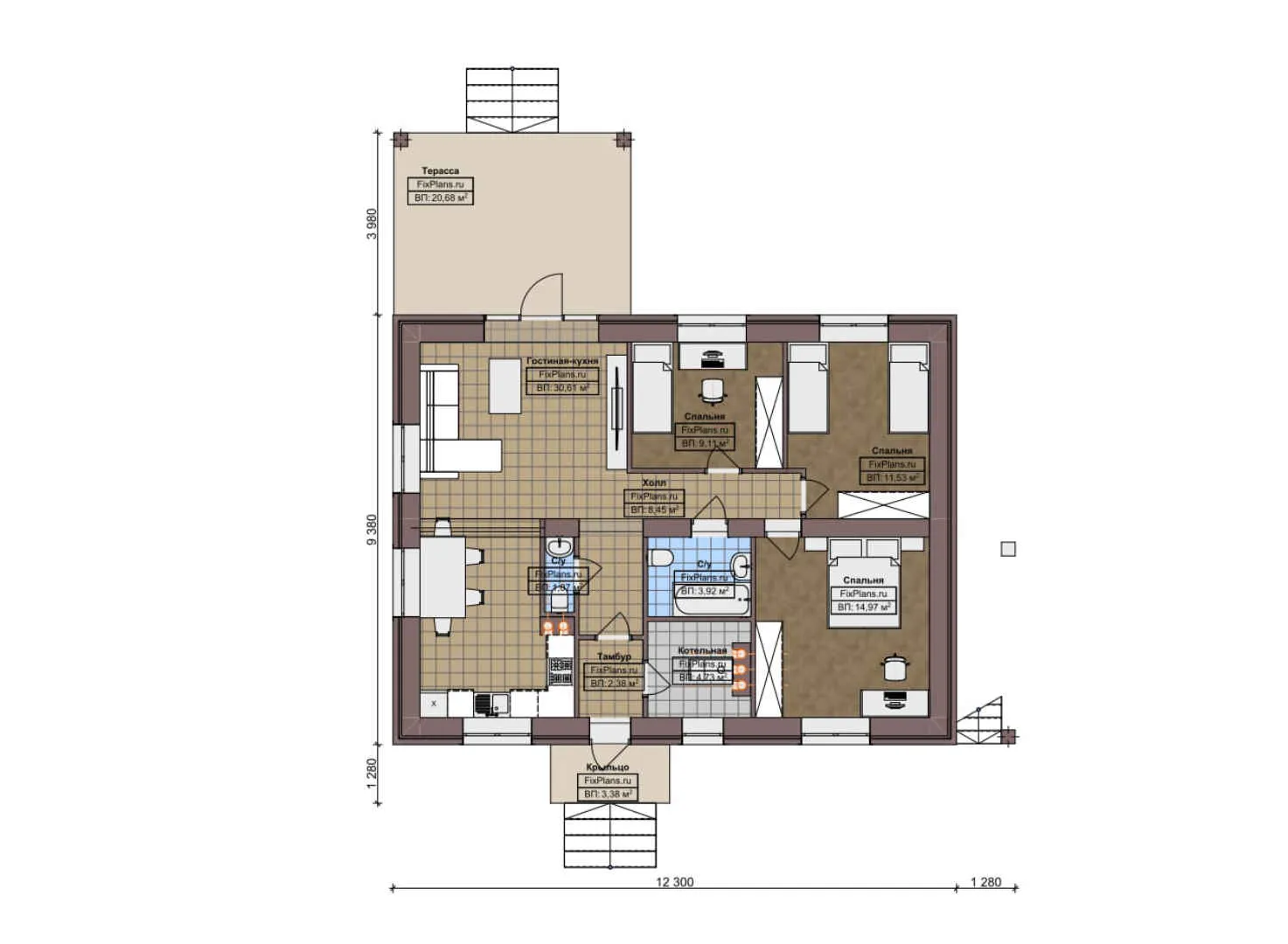 F-4103 - План одноэтажного дома 10 на 13, площадью 160 м² с террасой, цокольным этажом и 3 спальнями