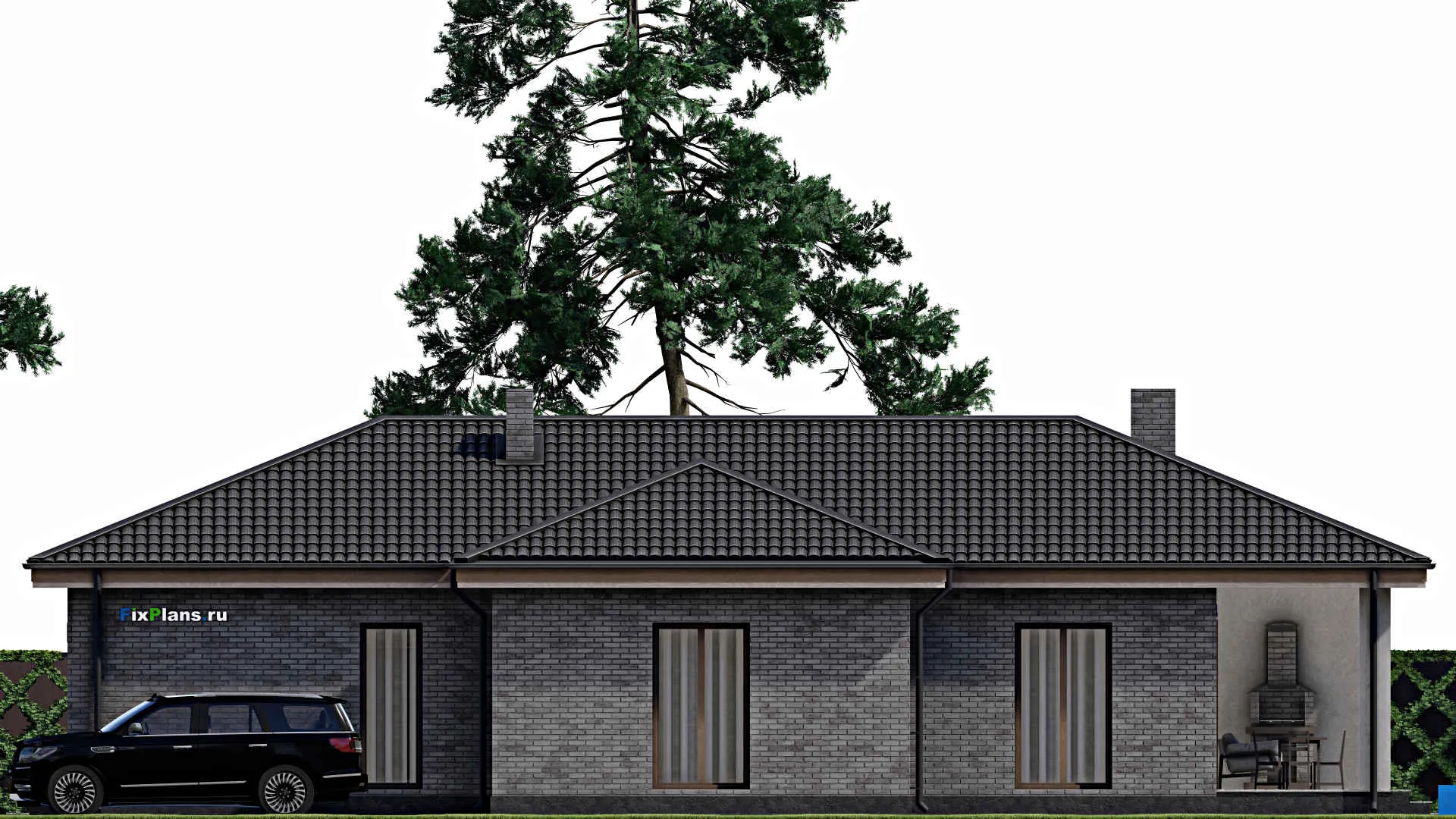 F-1700 - Проект одноэтажного дома 12 на 17, площадью 150 м² с террасой и 3 спальнями