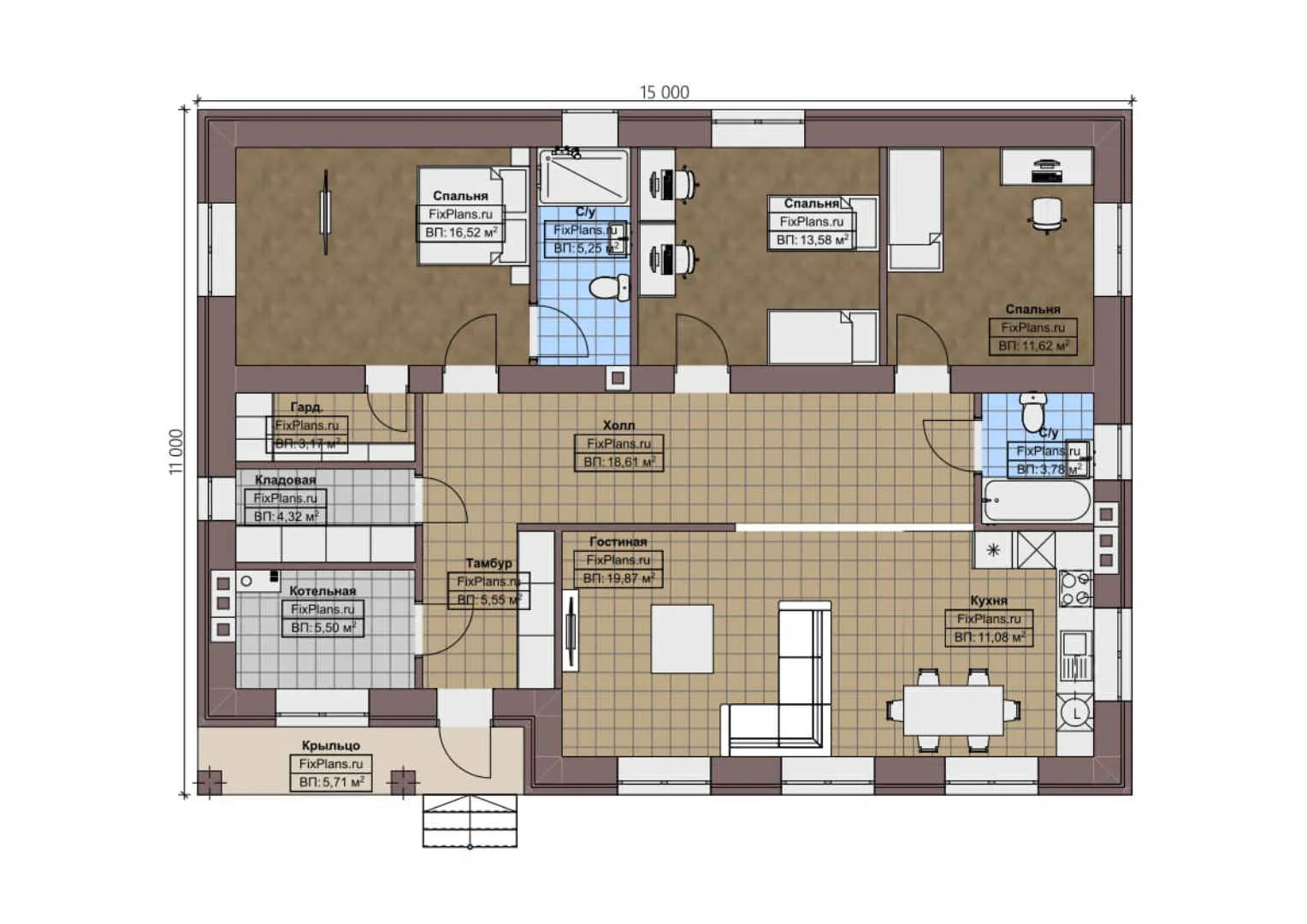 F-1520 - План одноэтажного дома 11 на 15, площадью 130 м² с 3 спальнями