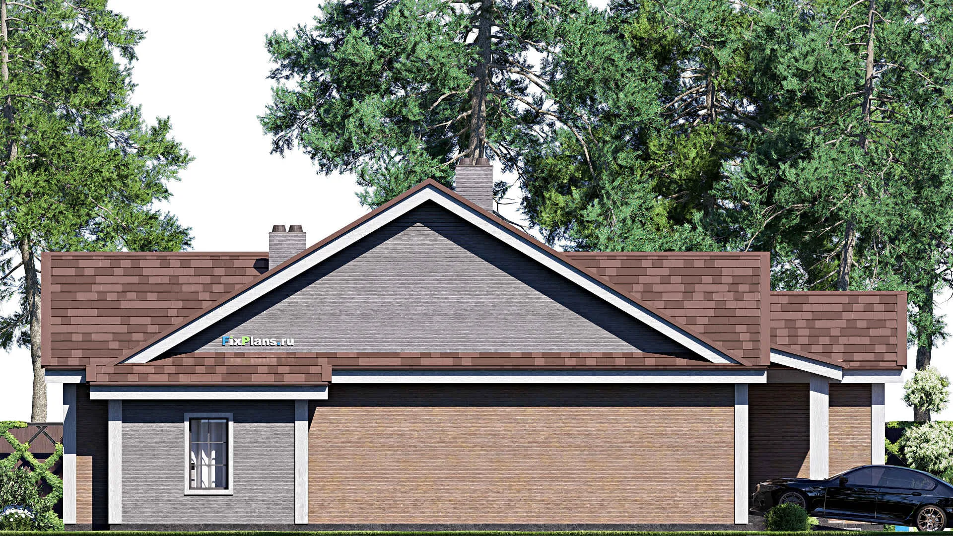 F-17126 - Проект одноэтажного дома 18 на 23, площадью 270 м² с террасой, гаражом на 2 машины и 4 спальнями