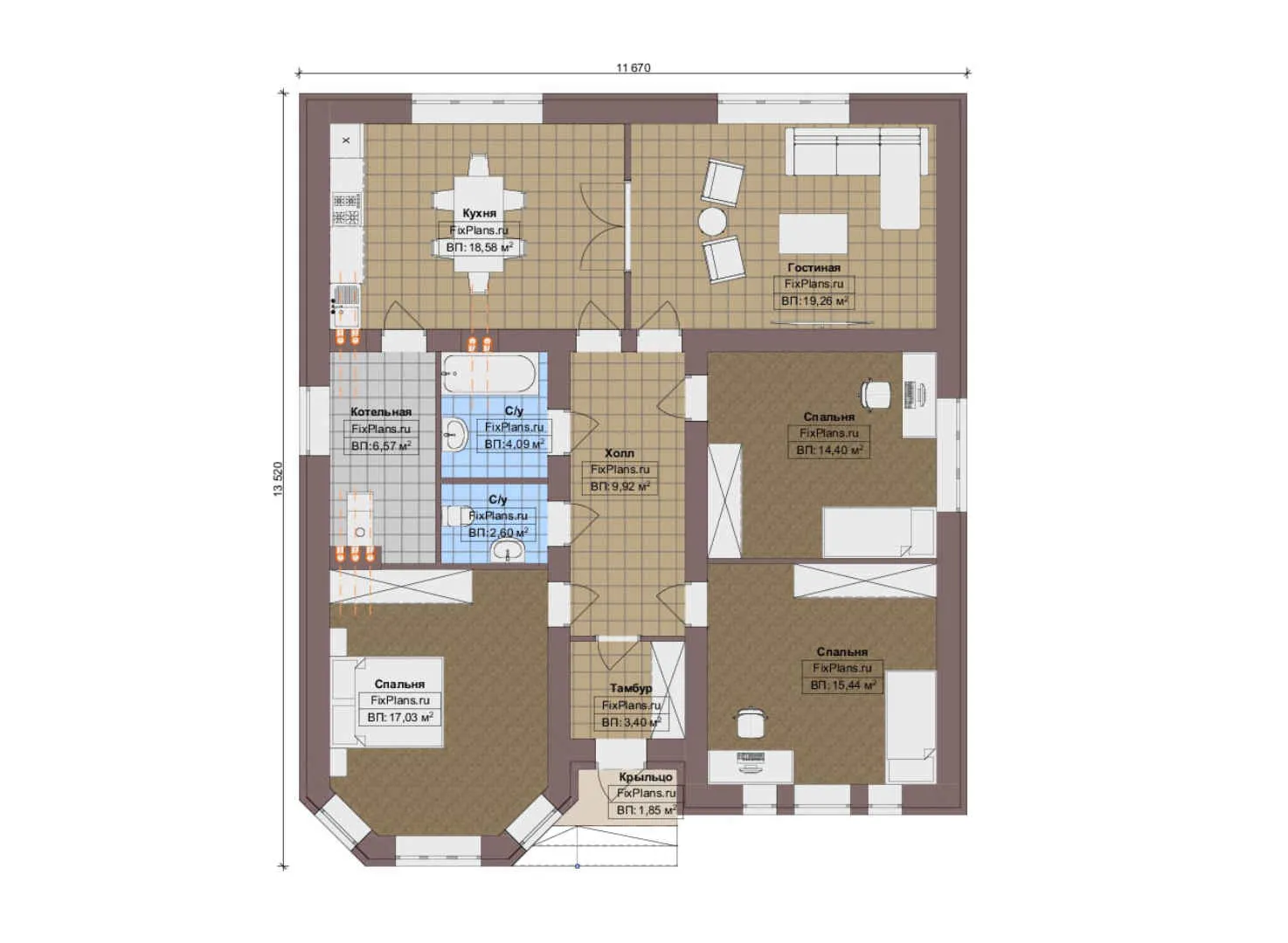F-12896 - План одноэтажного дома 12 на 14, площадью 120 м² с 3 спальнями