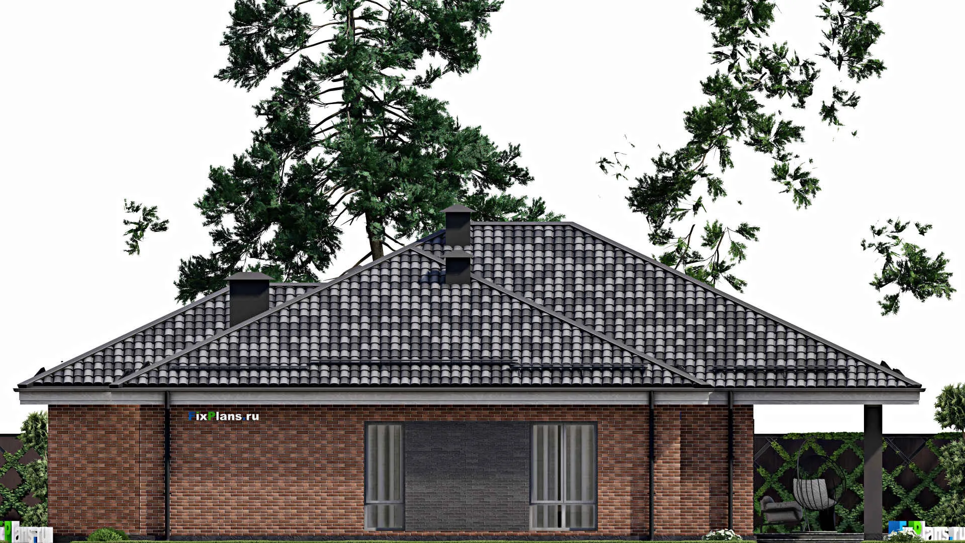 F-6551 - Проект одноэтажного дома 16 на 18, площадью 230 м² с террасой, гаражом на 2 машины и 3 спальнями