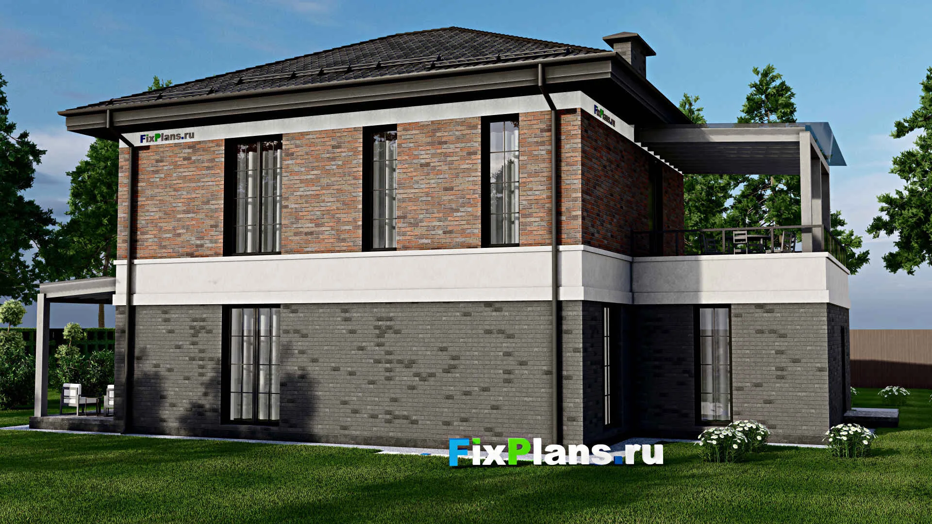 F-2438 - Планы двухэтажного дома 12 на 16, площадью 250 м² с террасой, балконом, гаражом на 1 машину и 4 спальнями