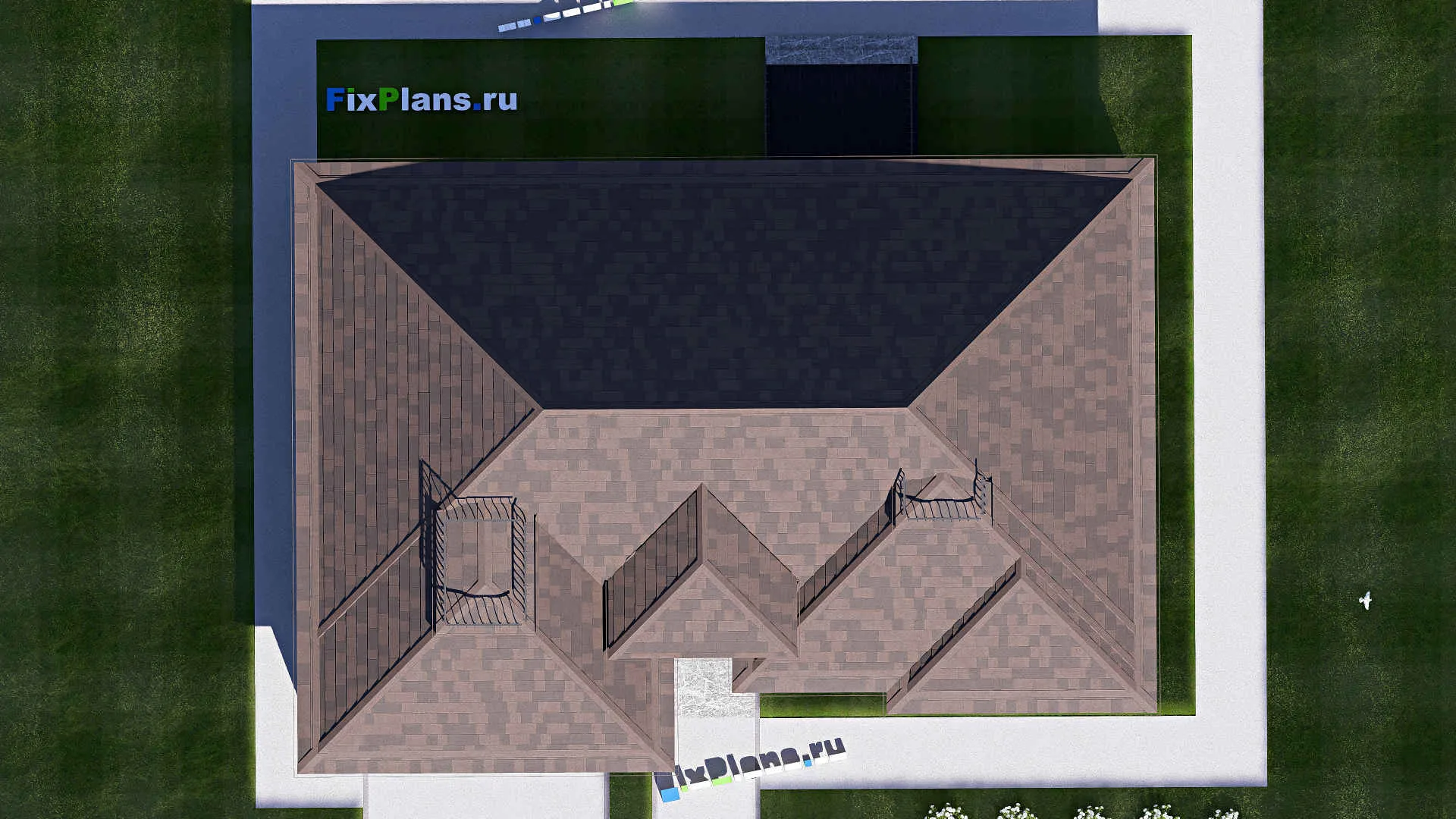 F-20339 - Проект одноэтажного дома 15 на 18, площадью 280 м² с цокольным этажом, баней, гаражом на 2 машины и 3 спальнями