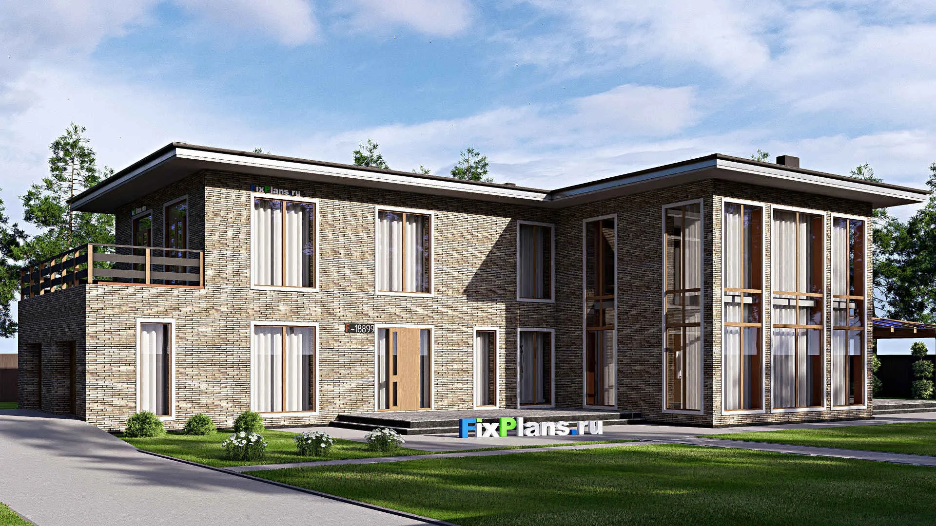 F-18899 - Проект двухэтажного дома 19 на 35, площадью 610 м² с террасой, балконом, гаражом на 2 машины, бассейном и 4 спальнями