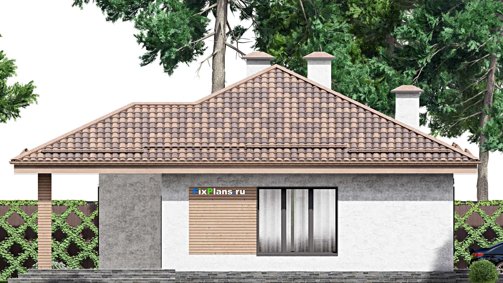 F-12572 - Проект одноэтажного дома 13 на 14, площадью 180 м² с террасой, гаражом на 2 машины и 2 спальнями