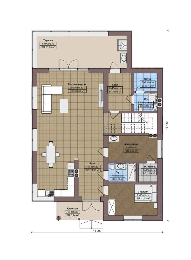 F-7964 - Планы двухэтажного дома 12 на 17, площадью 230 м² с террасой, баней и 4 спальнями